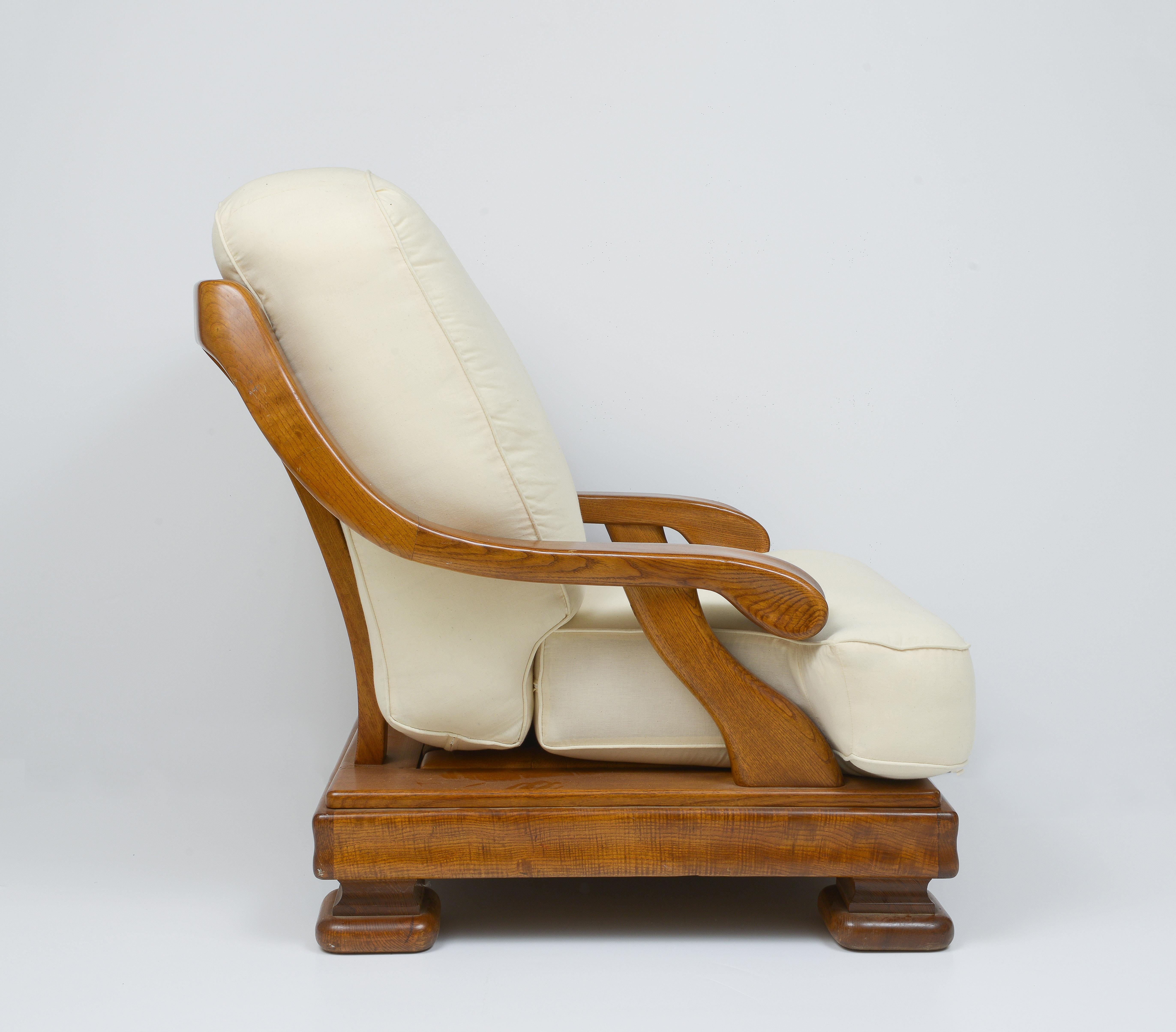 French Pair of Monumental Wood and White Lounge Chairs, 1970's France