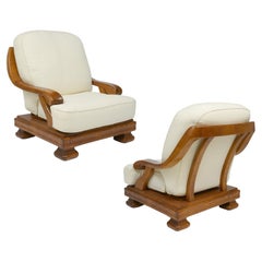 Pair of Monumental Wood and White Lounge Chairs, 1970's France