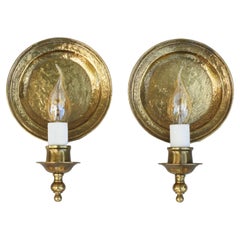 Pair of ‘Moon’ Round Brass Wall Light Sconces C1970s France.