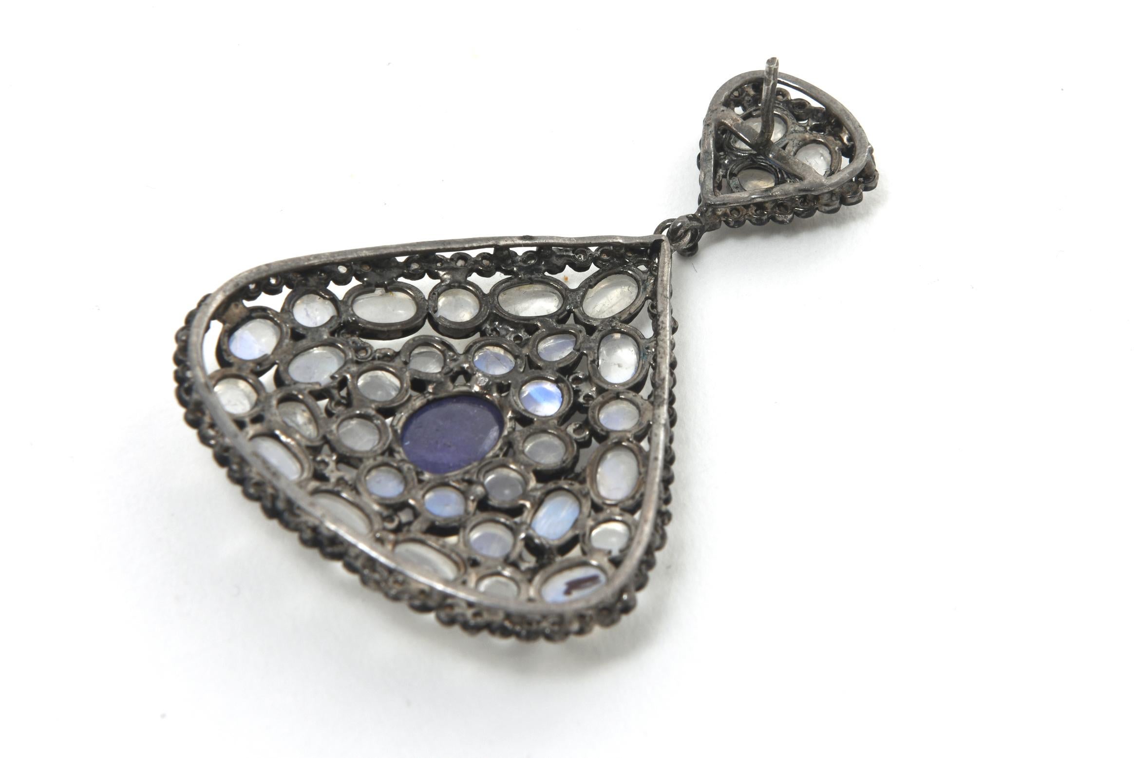 Moonstone, Tanzanite and Black Diamond PIerced Dangle Earrings  For Sale 4