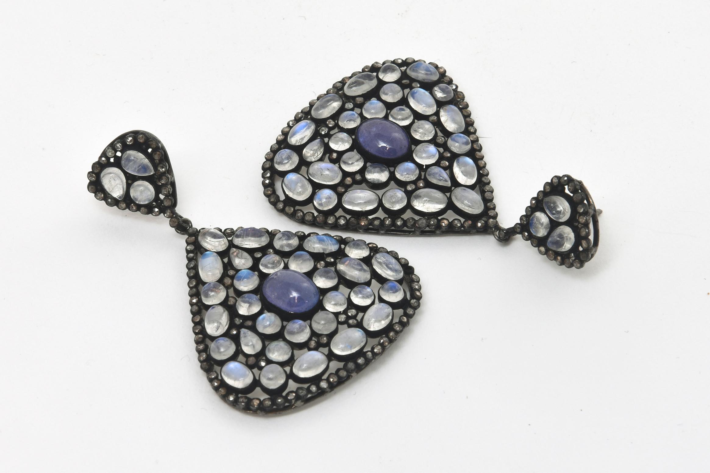 Baroque Revival Moonstone, Tanzanite and Black Diamond PIerced Dangle Earrings  For Sale