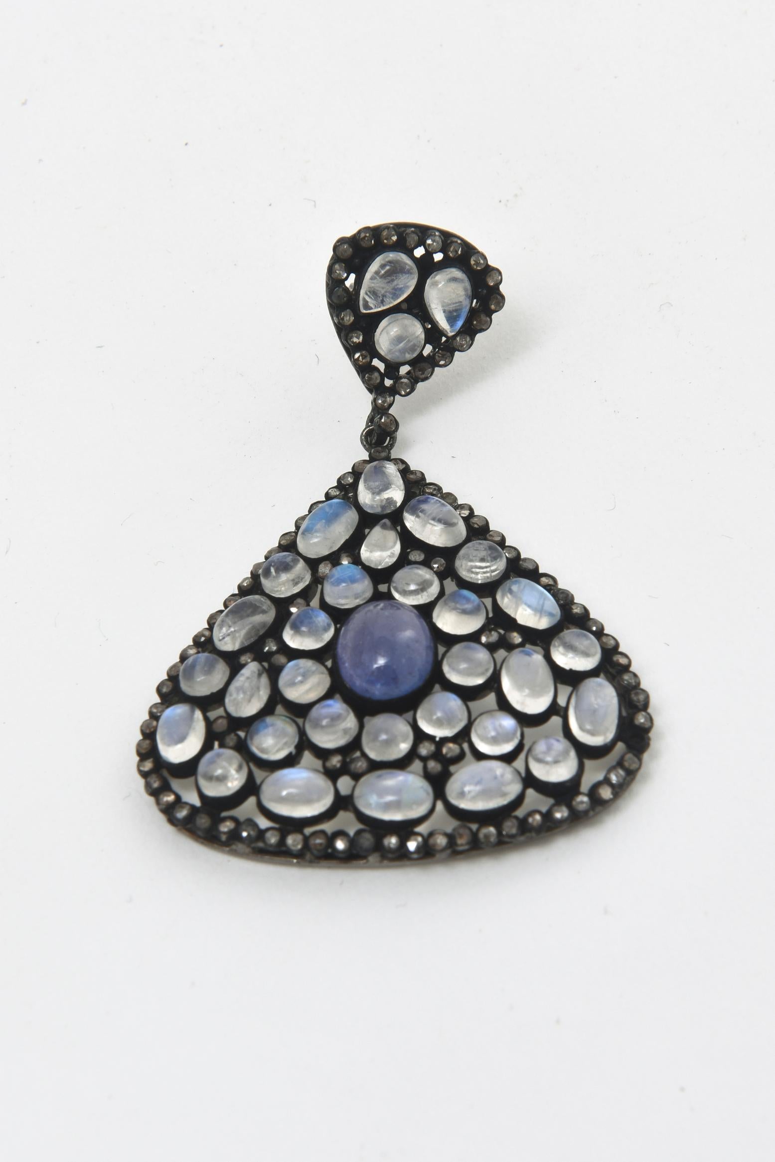 Ball Cut Moonstone, Tanzanite and Black Diamond PIerced Dangle Earrings  For Sale