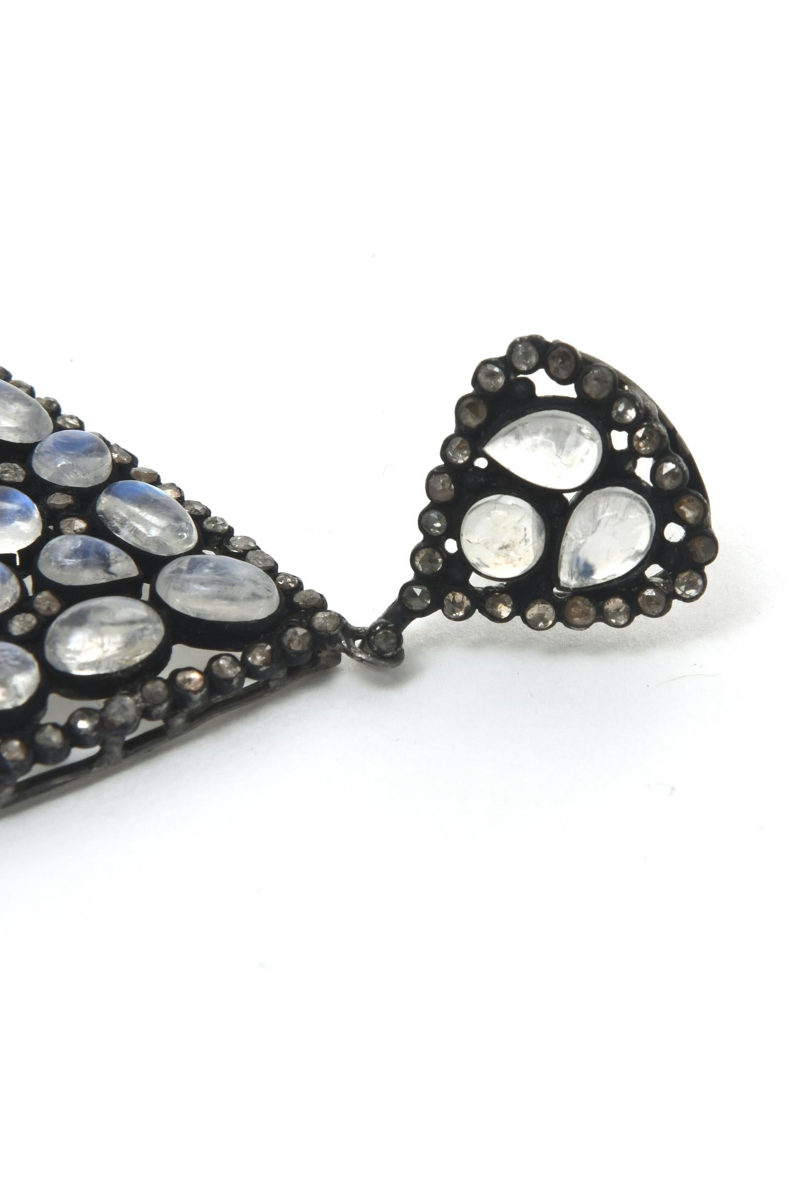 Women's Moonstone, Tanzanite and Black Diamond PIerced Dangle Earrings  For Sale