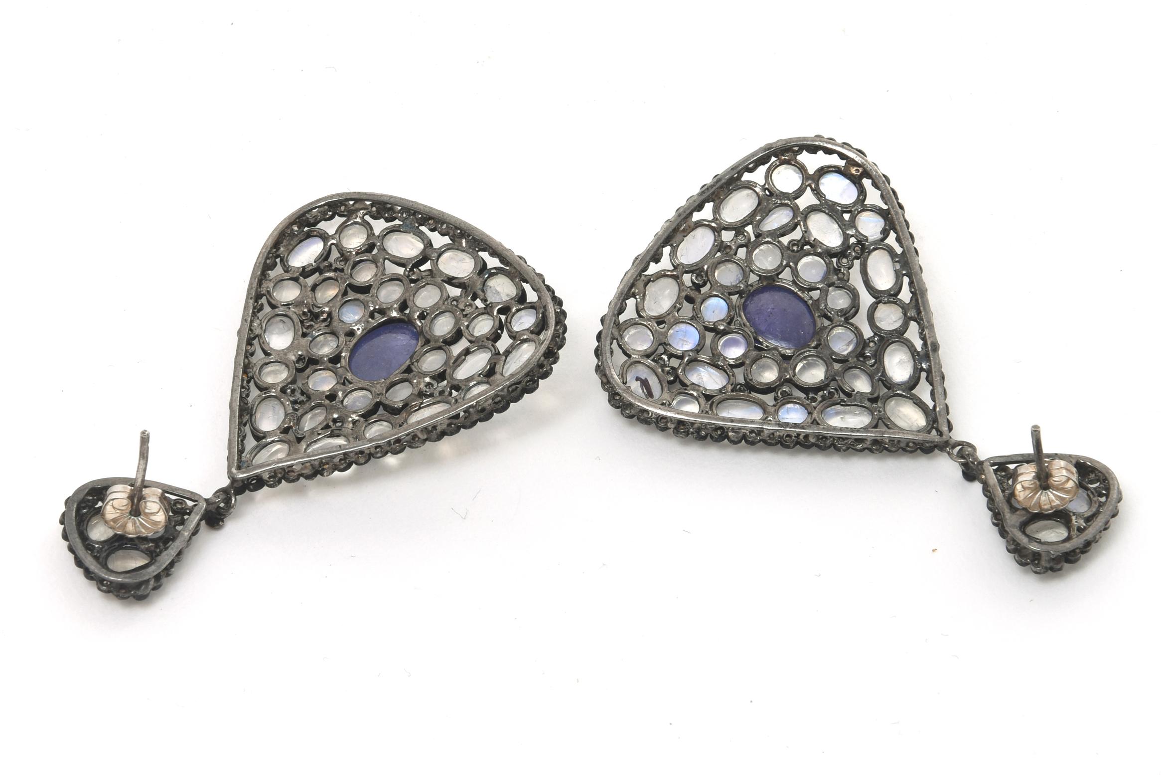 Moonstone, Tanzanite and Black Diamond PIerced Dangle Earrings  For Sale 2