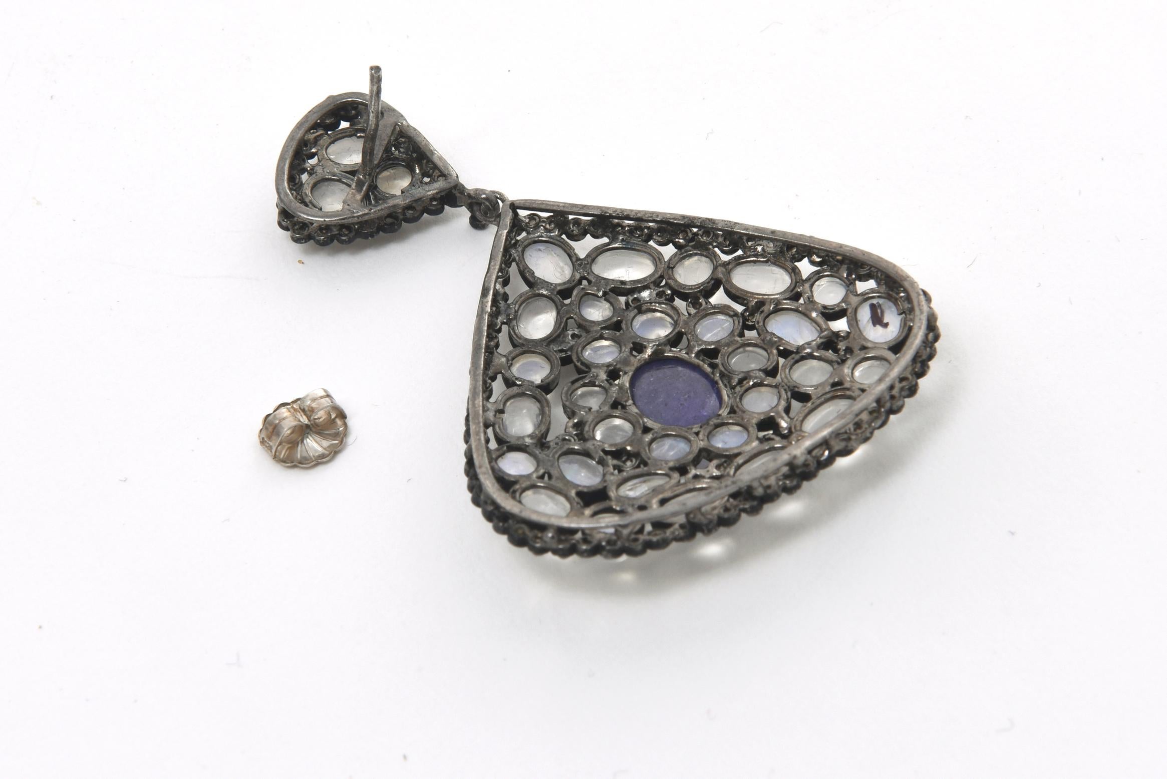 Moonstone, Tanzanite and Black Diamond PIerced Dangle Earrings  For Sale 3