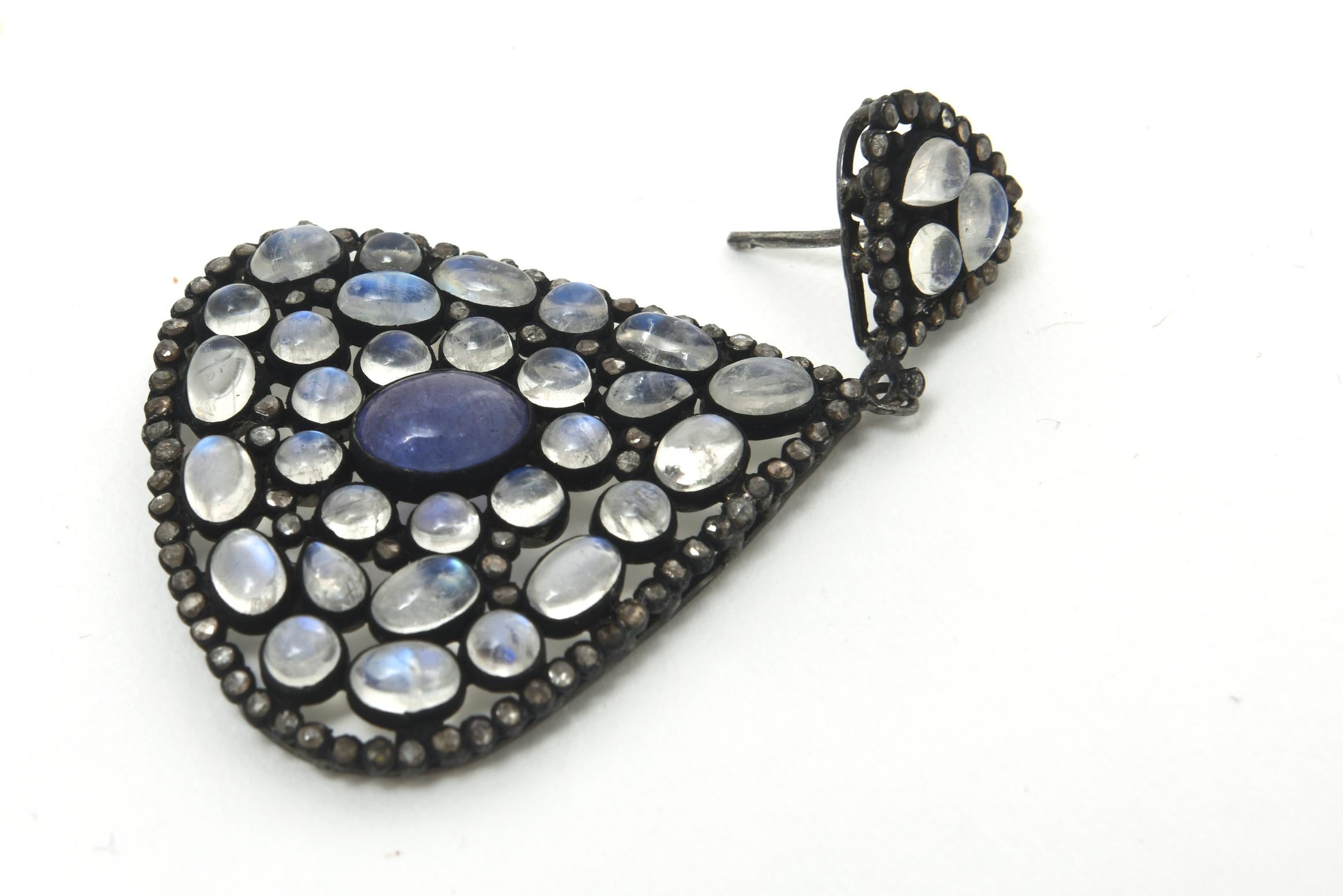 Moonstone, Tanzanite and Black Diamond Dangle Blue, Purple Pierced Earrings In Good Condition For Sale In North Miami, FL