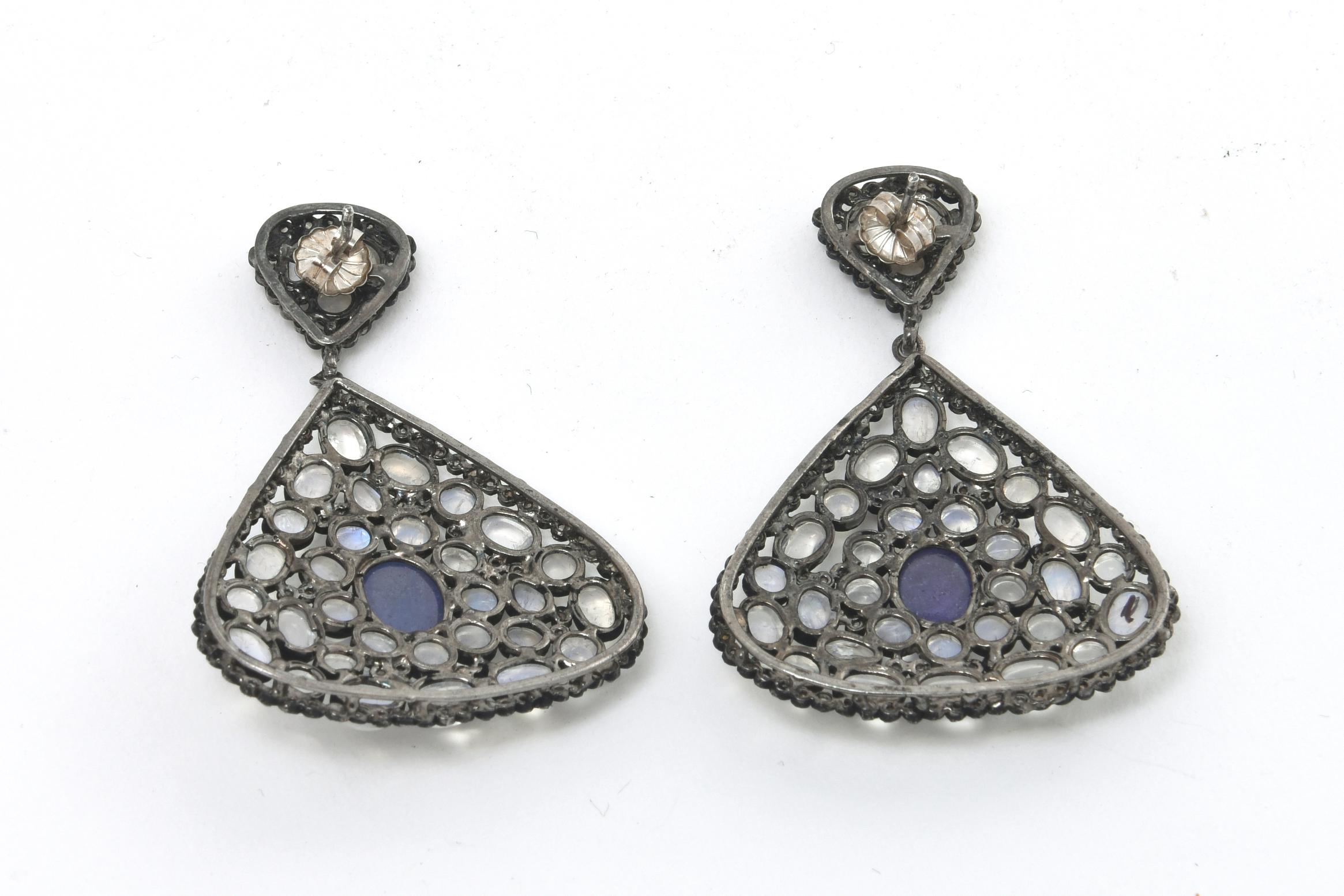 Moonstone, Tanzanite and Black Diamond Dangle Blue, Purple Pierced Earrings For Sale 1