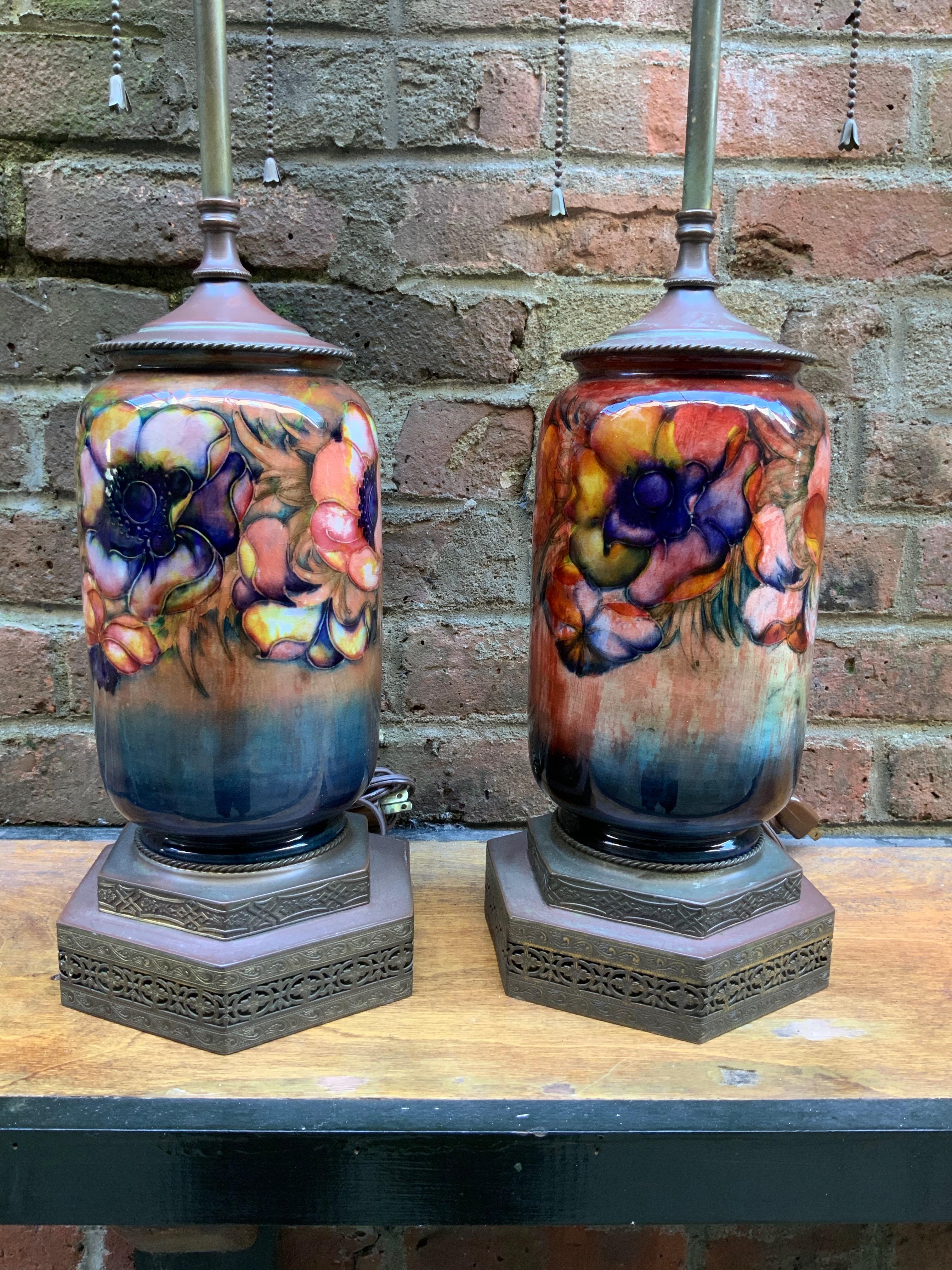 Mid-20th Century Pair of Moorcroft English Art Pottery Lamps
