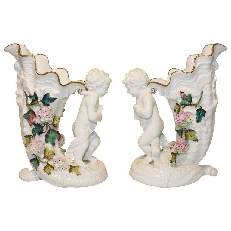Pair of Moore Brothers (?) Cherub and Cornucopia Vases For Sale
