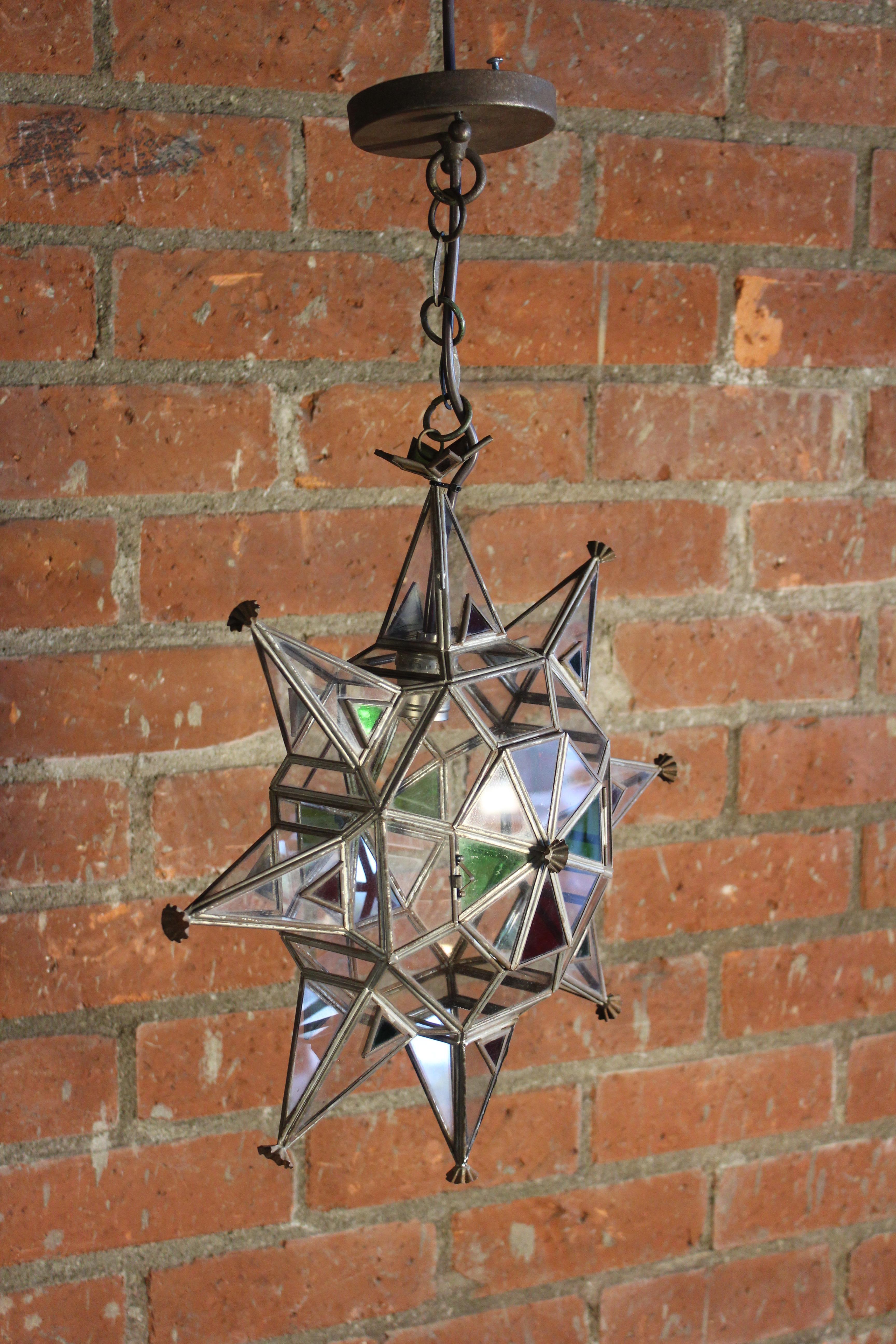 Pair of Moorish Leaded Glass Star Pendants In Good Condition In Los Angeles, CA