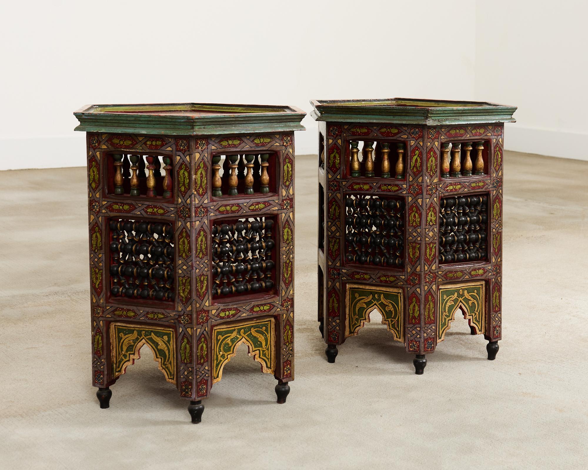 Asian Pair of Moorish Middle Eastern Hexagonal Polychrome Drink Tables