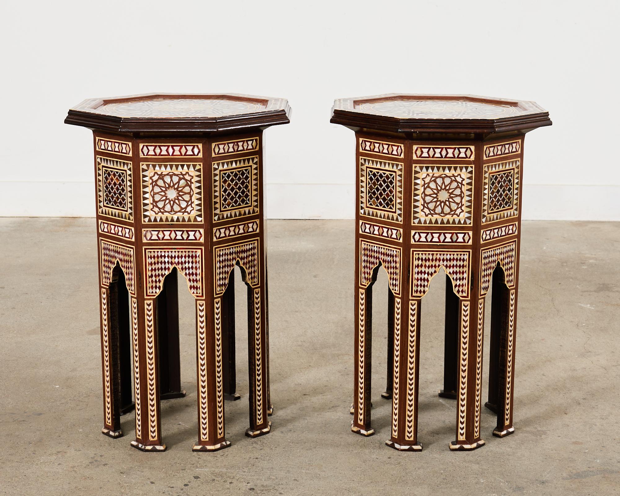 Turkish Pair of Moorish Middle Eastern Octagonal Drink Tables Mosaic Inlay For Sale