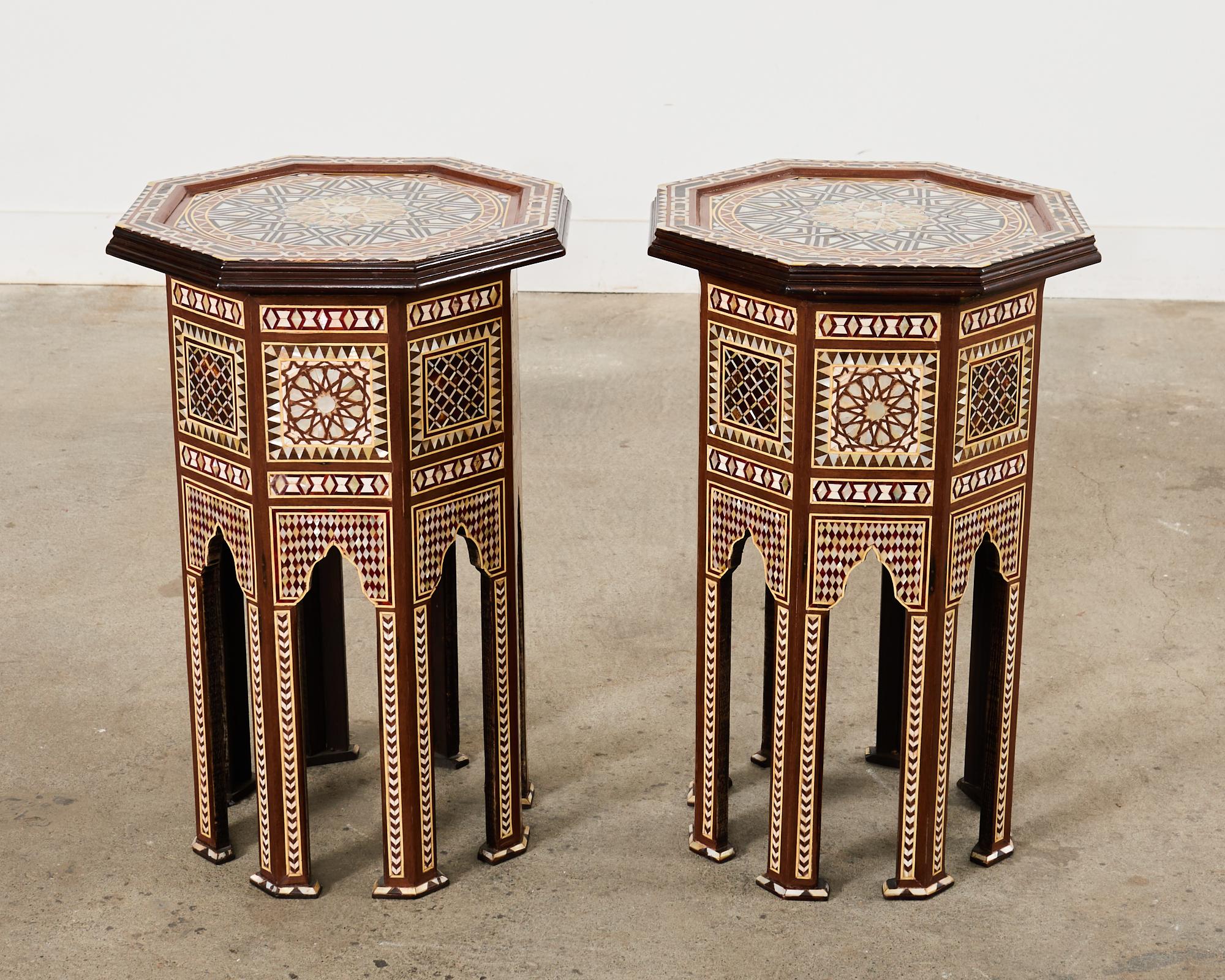 Hand-Crafted Pair of Moorish Middle Eastern Octagonal Drink Tables Mosaic Inlay