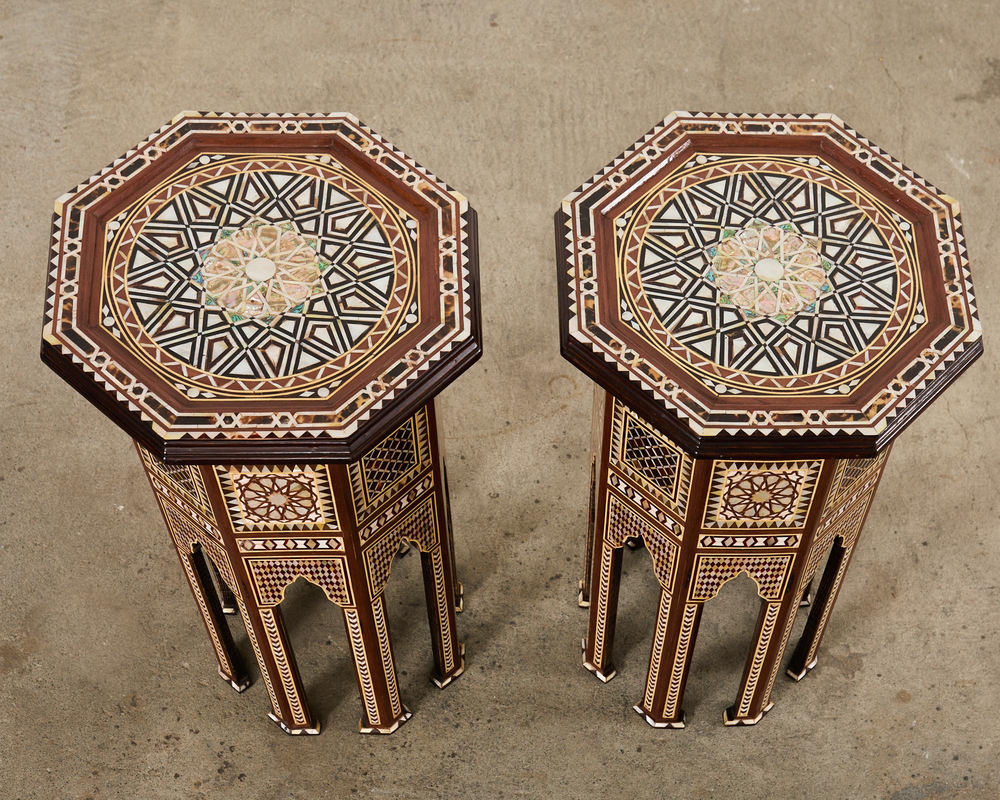 Pair of Moorish Middle Eastern Octagonal Drink Tables Mosaic Inlay In Good Condition For Sale In Rio Vista, CA