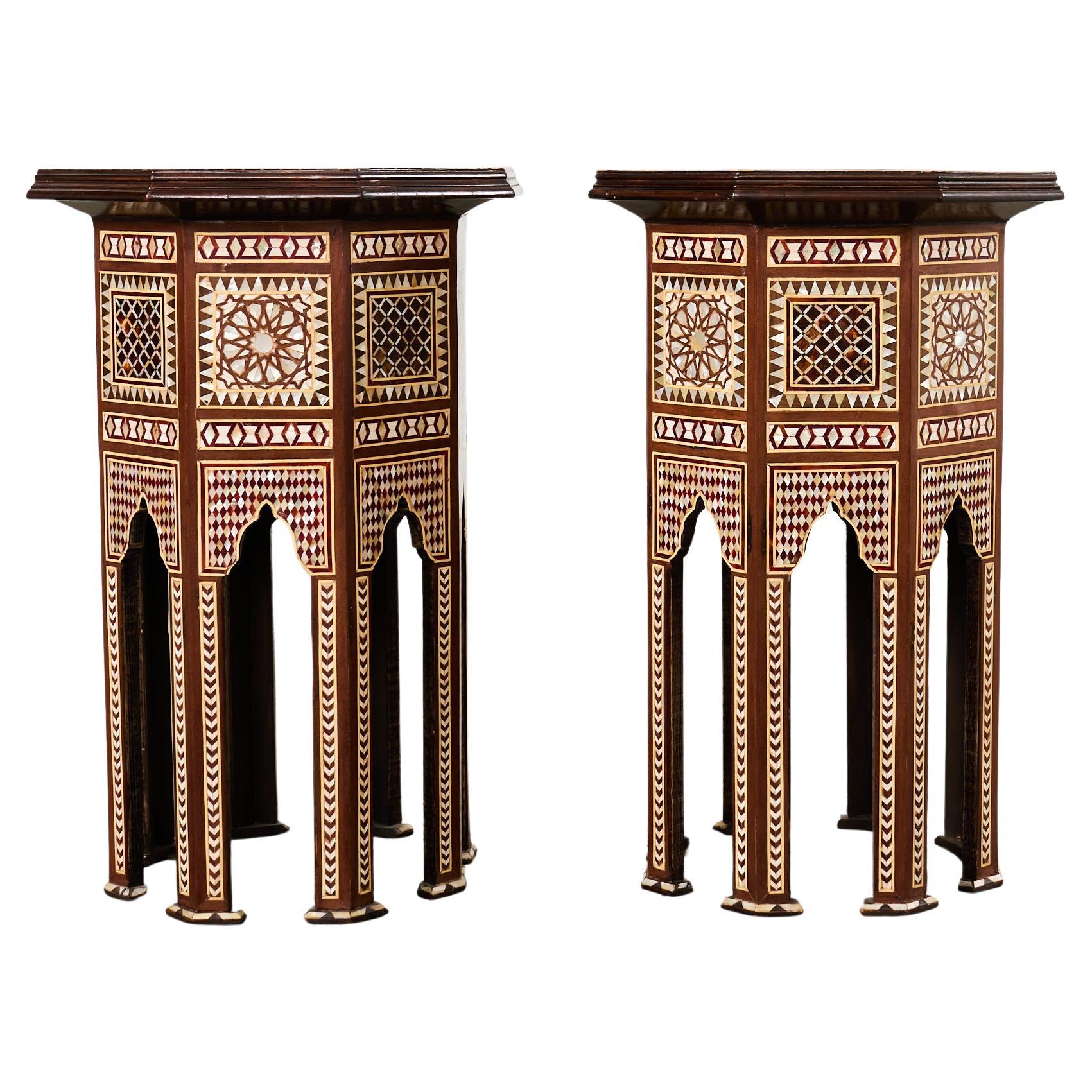 Pair of Moorish Middle Eastern Octagonal Drink Tables Mosaic Inlay For Sale