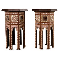Vintage Pair of Moorish Middle Eastern Octagonal Drink Tables Mosaic Inlay