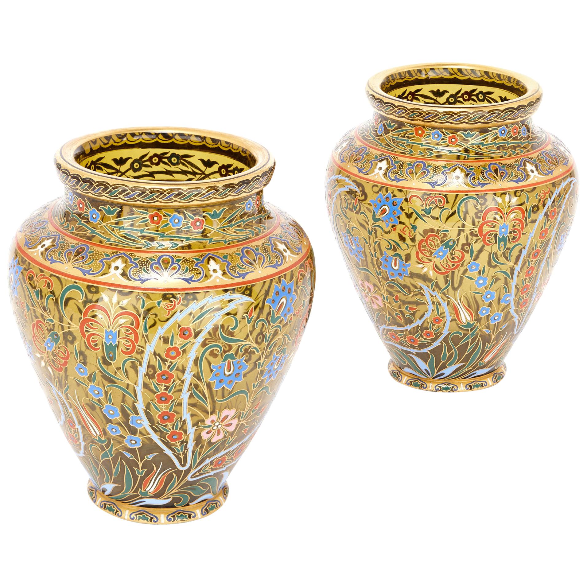 Pair of Moorish Style Austrian Enamelled Glass Vases