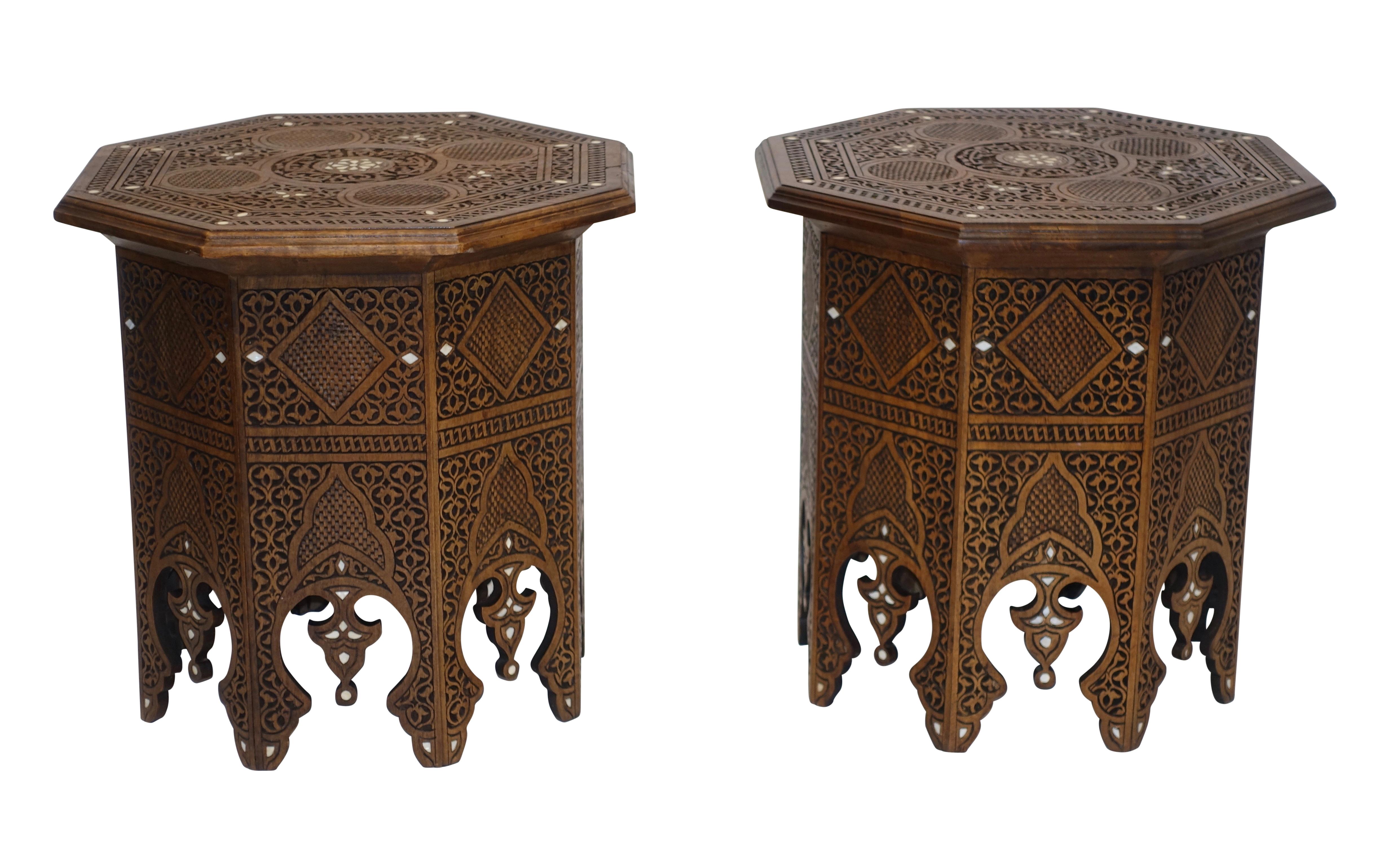 Pair of Moorish Style Carved and Inlay Tabouret Side Tables In Excellent Condition In San Francisco, CA