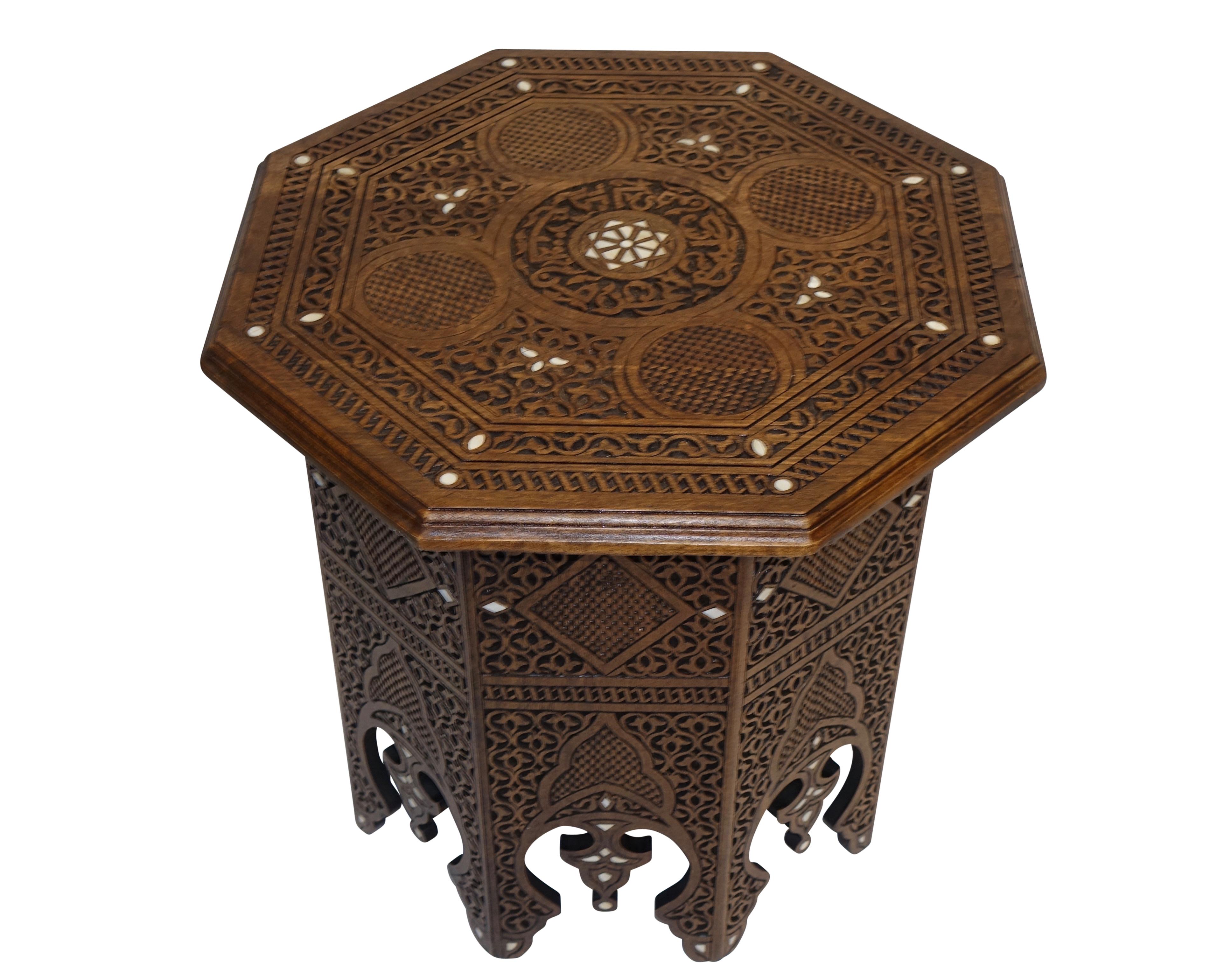 20th Century Pair of Moorish Style Carved and Inlay Tabouret Side Tables