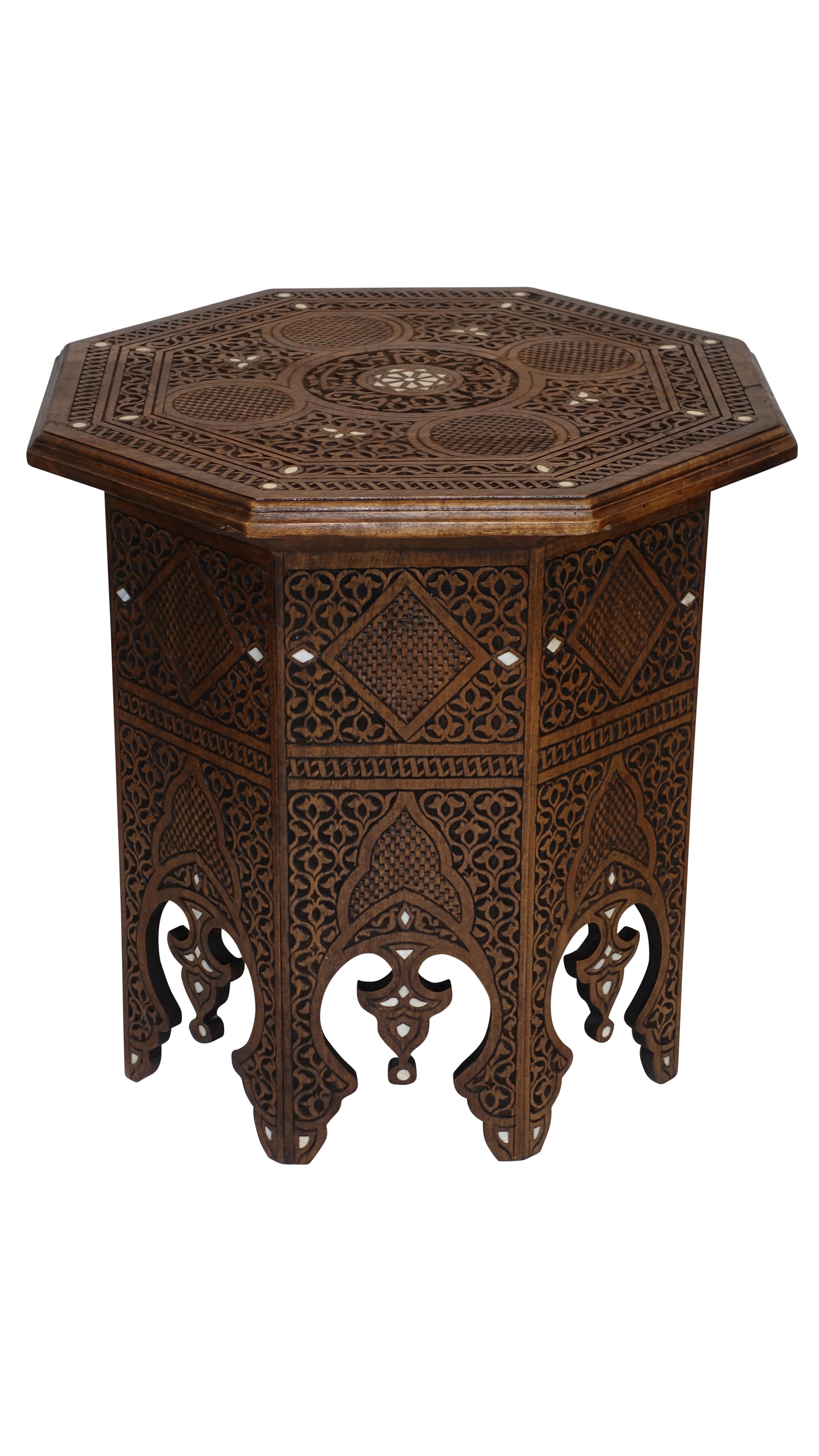 Bone Pair of Moorish Style Carved and Inlay Tabouret Side Tables