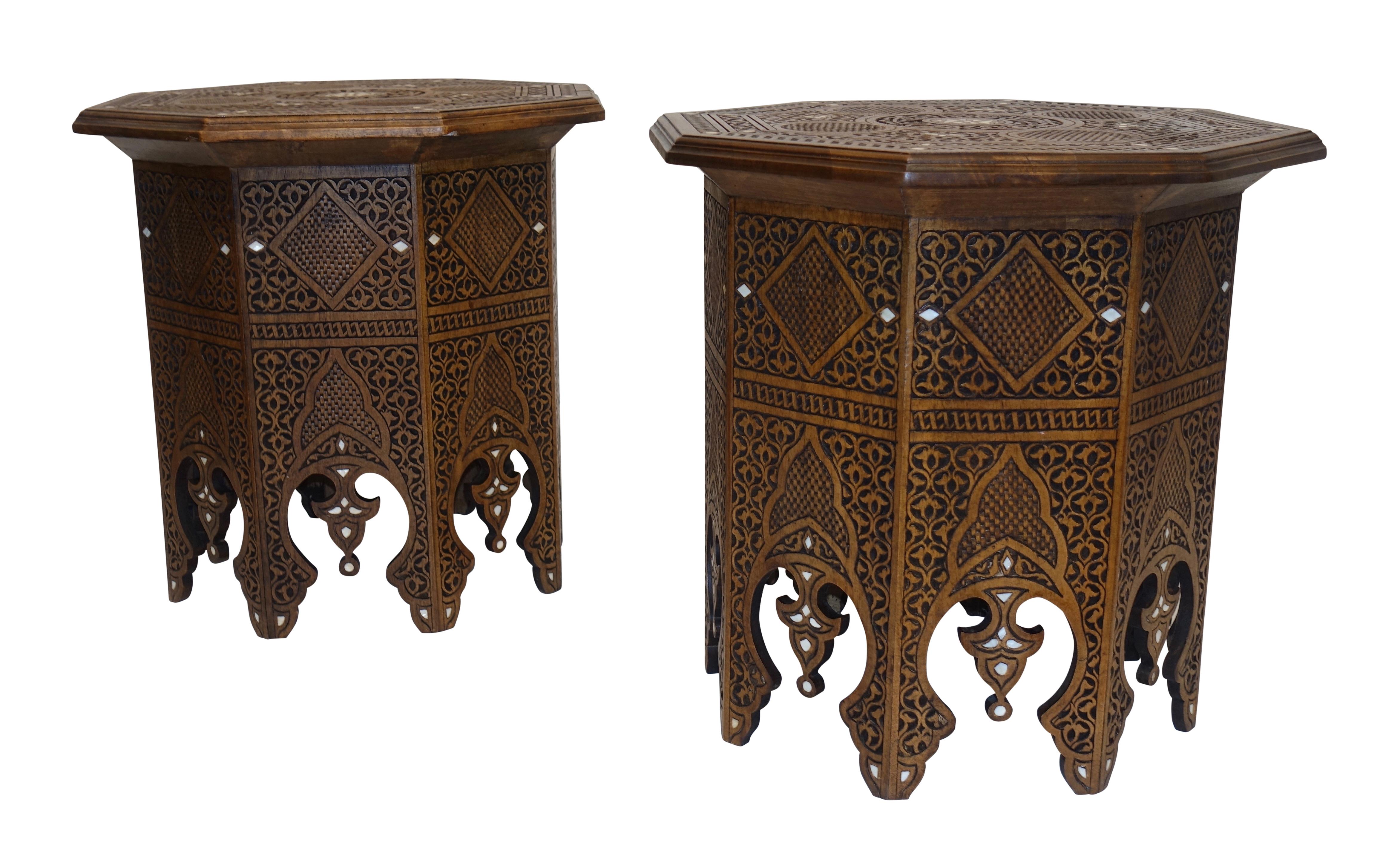 Pair of Moorish Style Carved and Inlay Tabouret Side Tables 3
