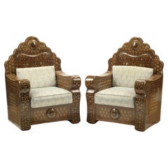 Antique Pair of Moorish Style Inlaid Throne Chairs, 20th Century