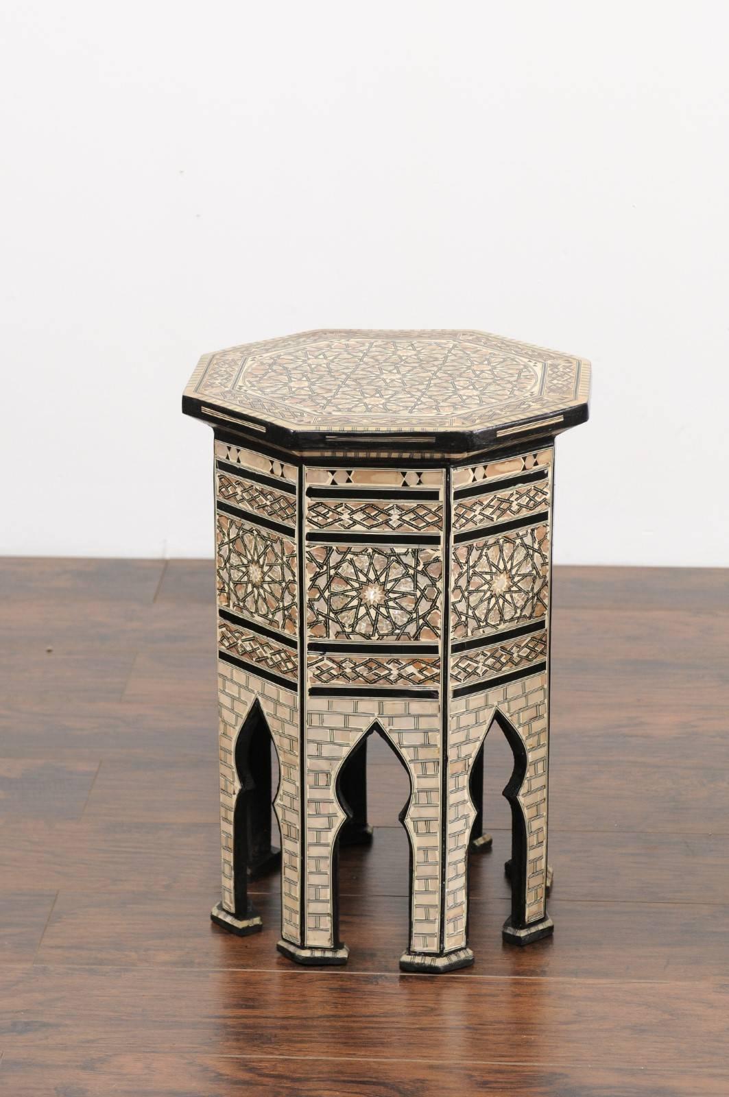 Ebonized Pair of Moorish Style Syrian Octagonal Tables with Mother-of-Pearl Inlay, 1900s