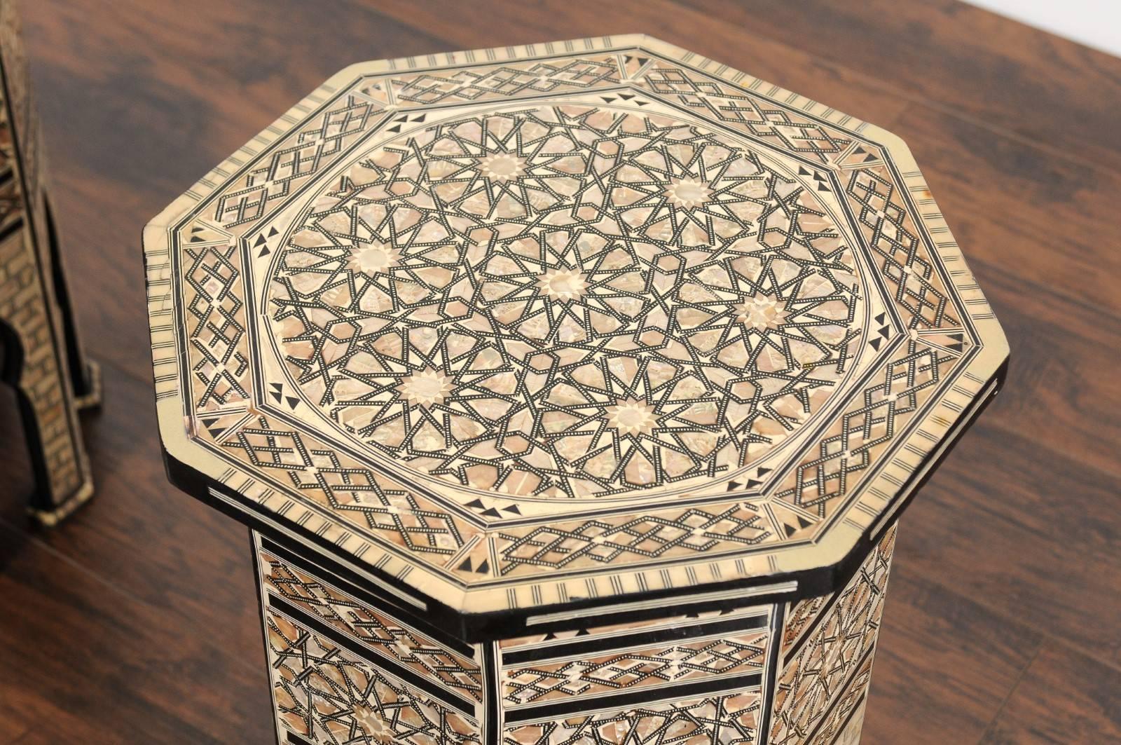 20th Century Pair of Moorish Style Syrian Octagonal Tables with Mother-of-Pearl Inlay, 1900s