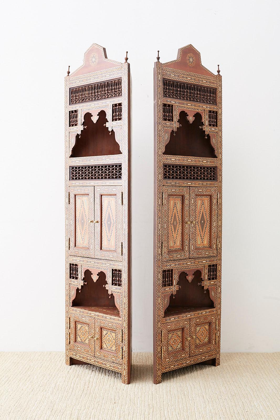 Pair of Moorish Syrian Style Inlaid Corner Cabinets  3
