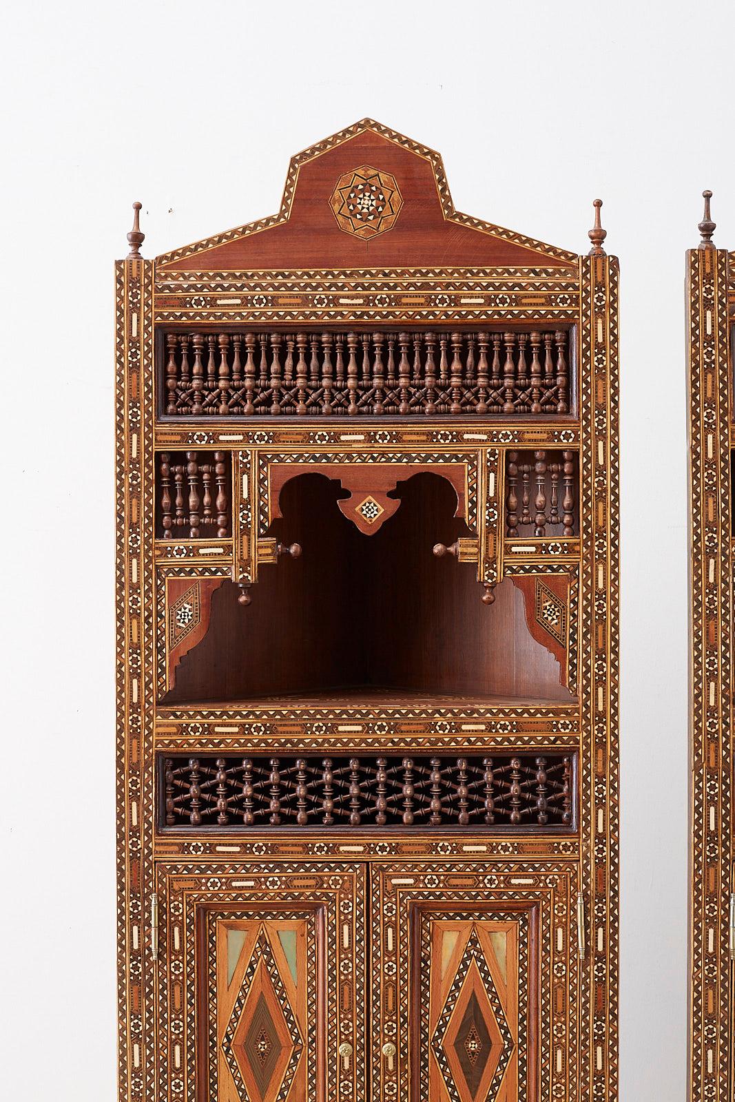Turkish Pair of Moorish Syrian Style Inlaid Corner Cabinets 