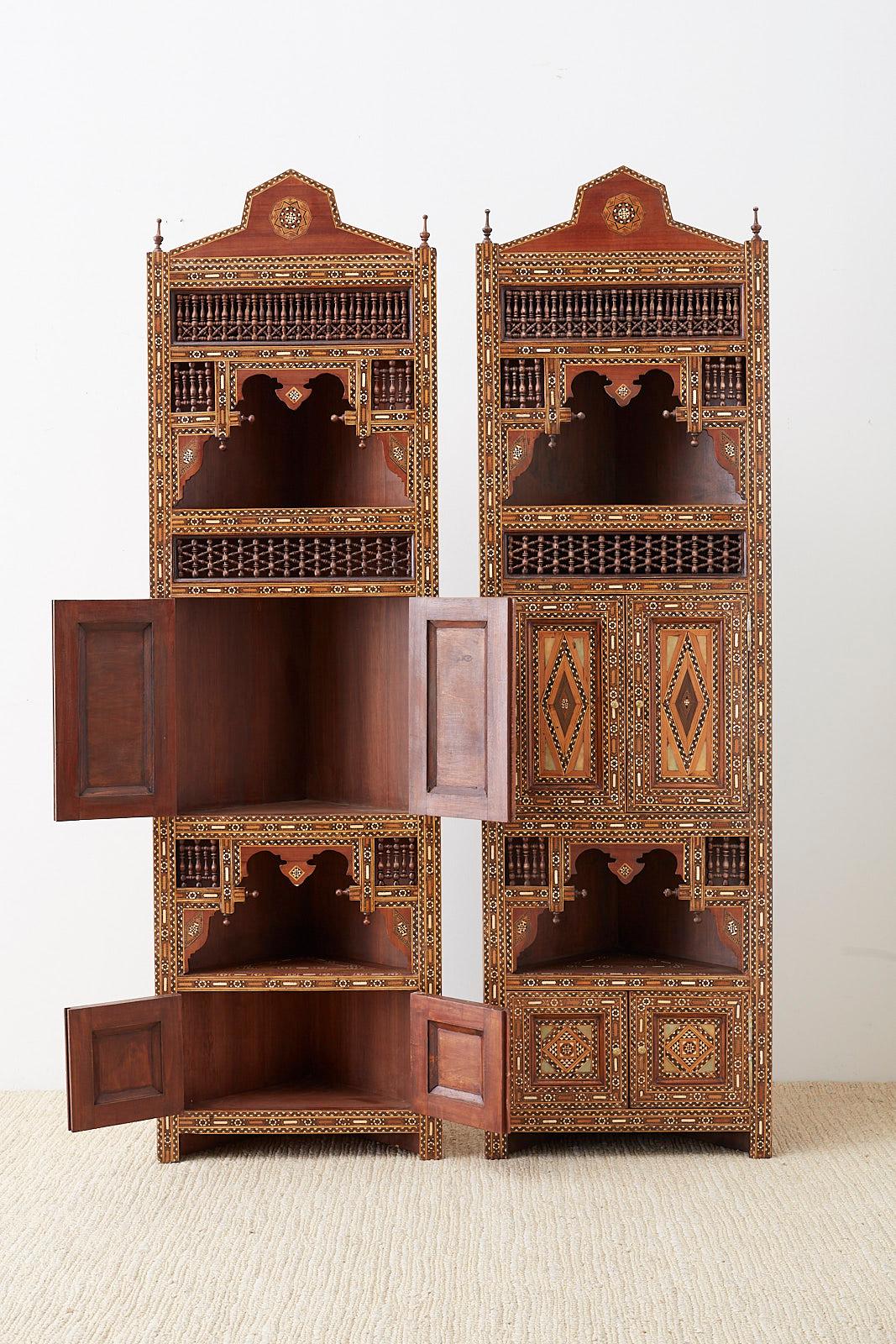 Brass Pair of Moorish Syrian Style Inlaid Corner Cabinets 