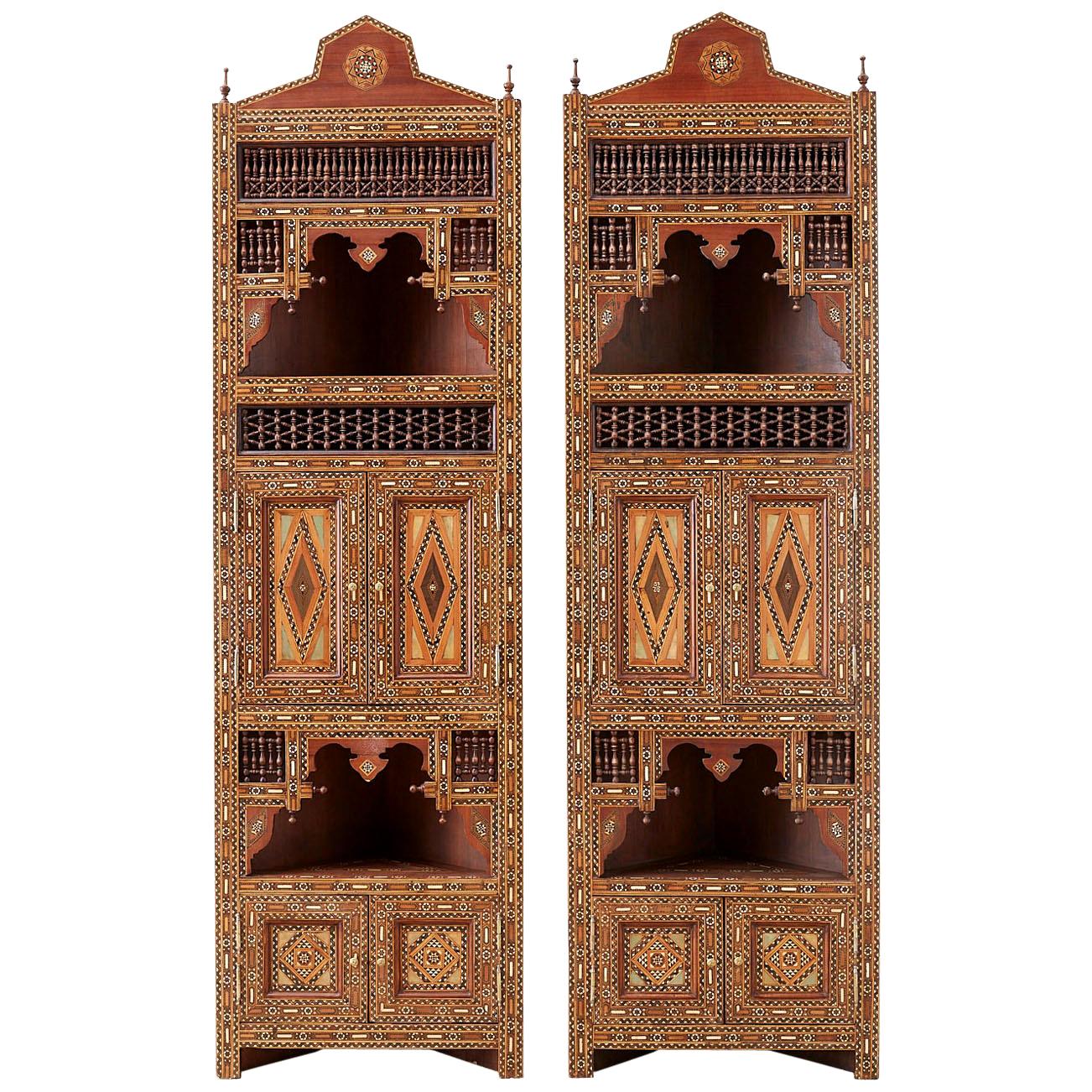 Pair of Moorish Syrian Style Inlaid Corner Cabinets 