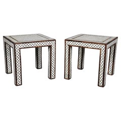 Pair of Moroccan Bone Inlaid Square Shaped End Tables  