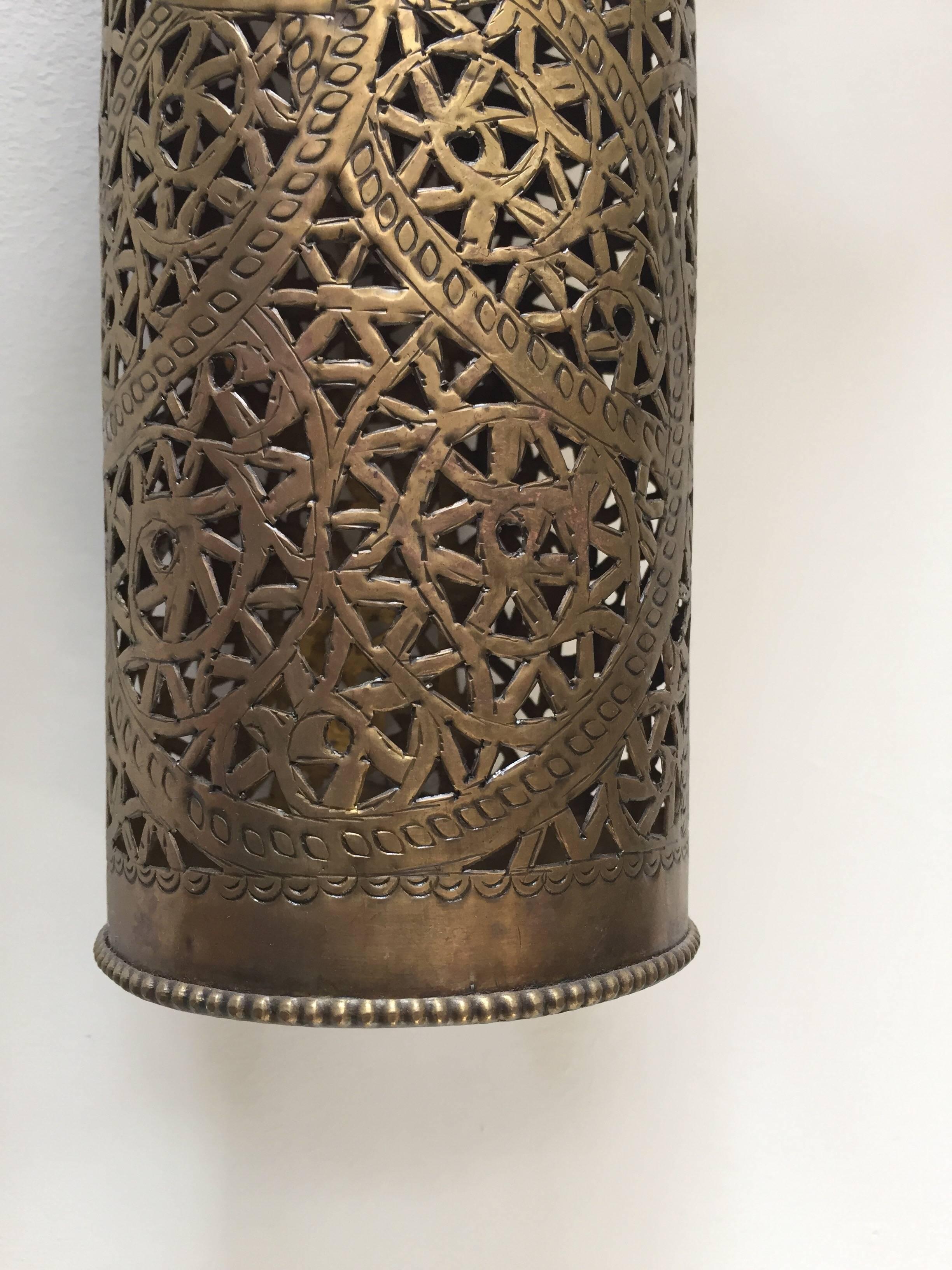 Pair of Moroccan Brass Pendants Lights with Moorish Filigree Designs 4