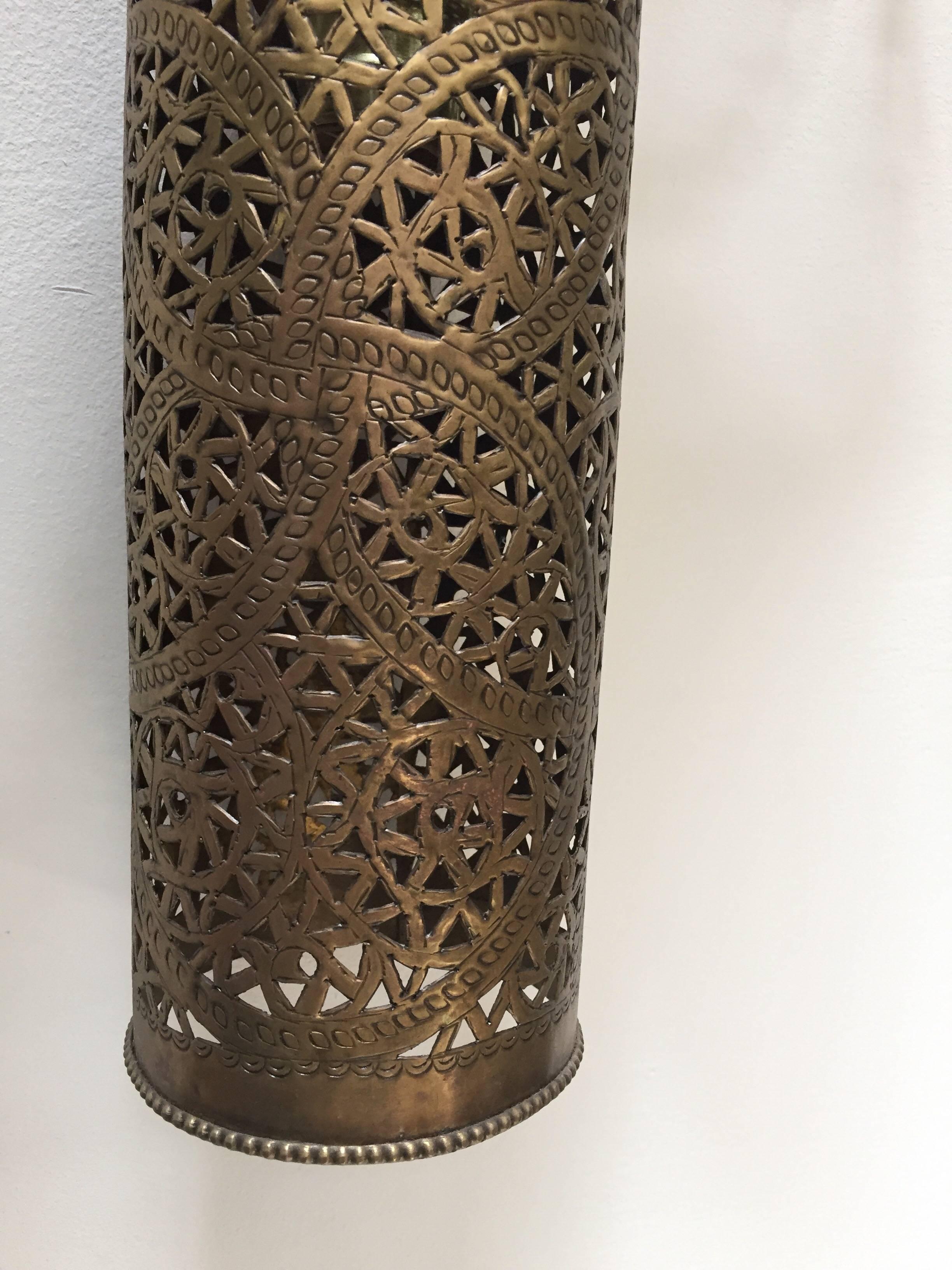 Pair of Moroccan Brass Pendants Lights with Moorish Filigree Designs 5