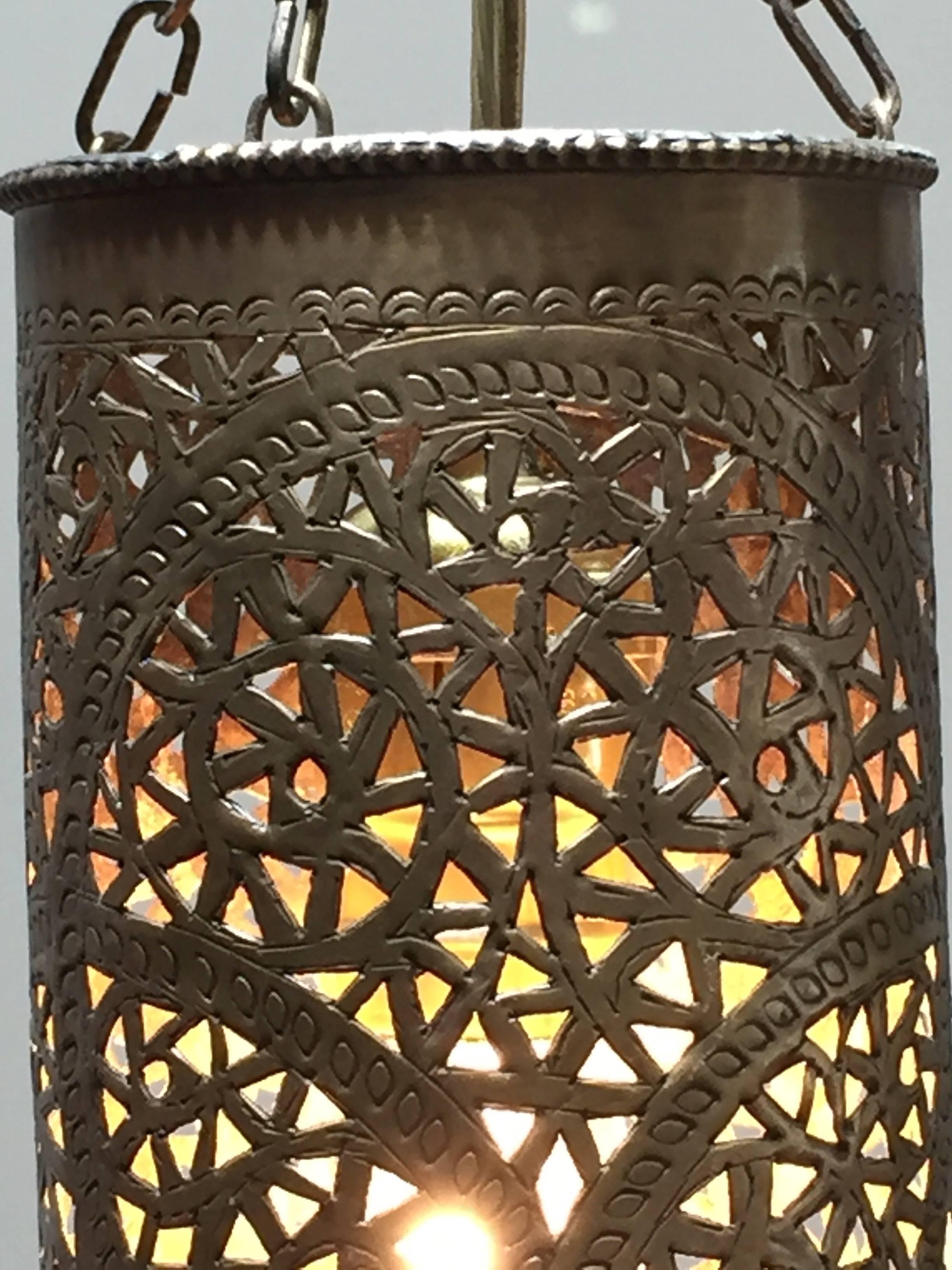 Pair of Moroccan Brass Pendants Lights with Moorish Filigree Designs In Good Condition In North Hollywood, CA