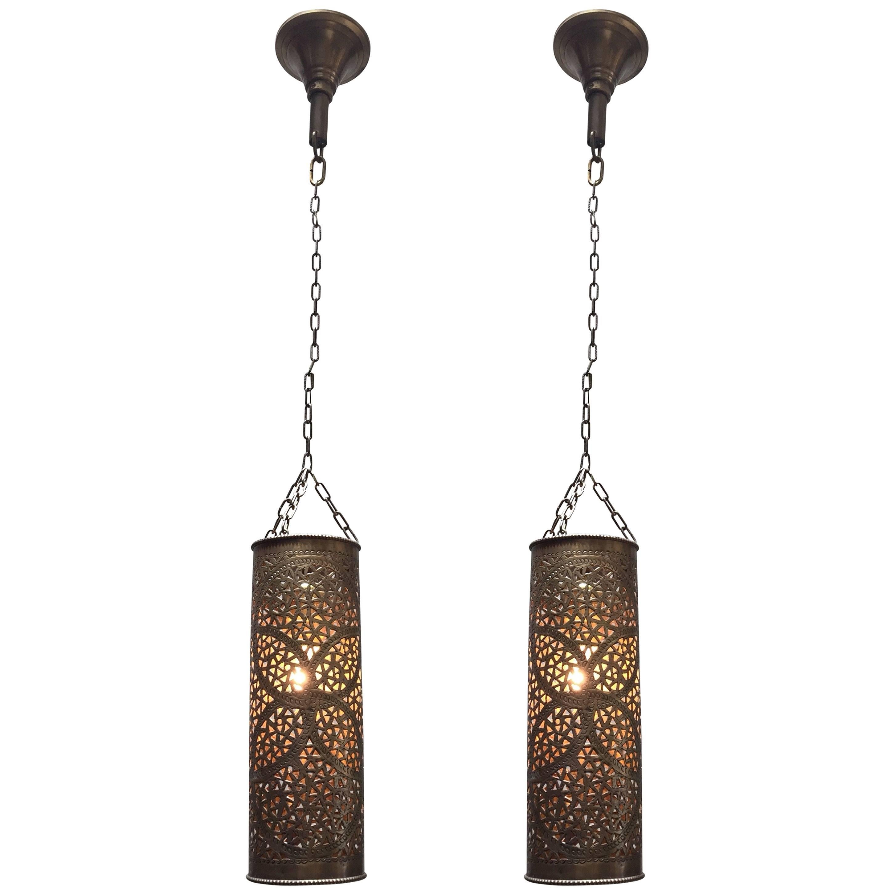 Pair of Moroccan Brass Pendants Lights with Moorish Filigree Designs