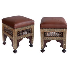 Pair of Moroccan Carved and Inlaid Square Leather Upholstered Stools