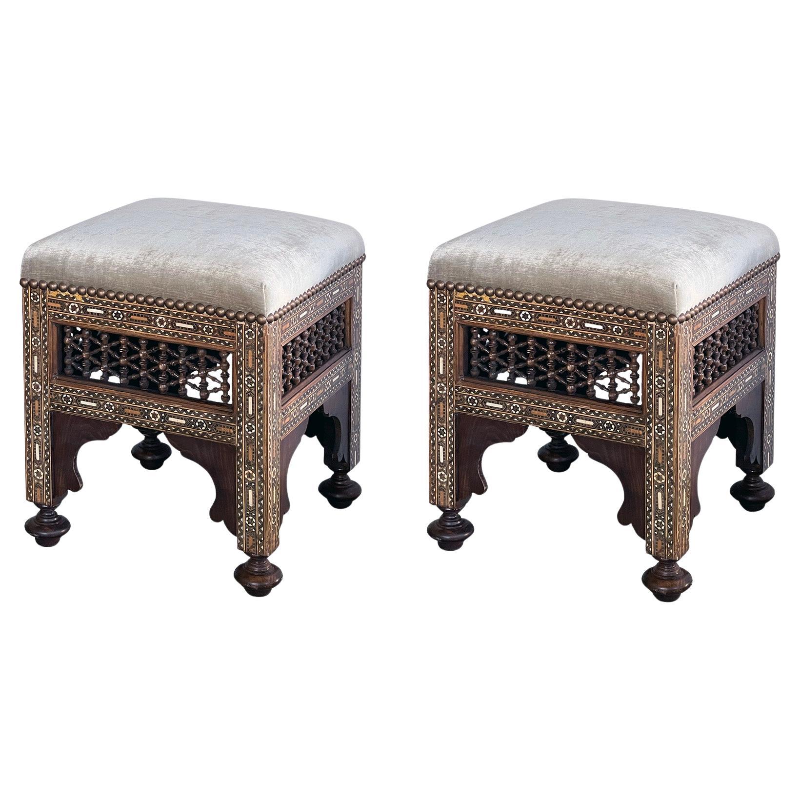 Pair of Moroccan Carved and Inlaid Square Upholstered Stools