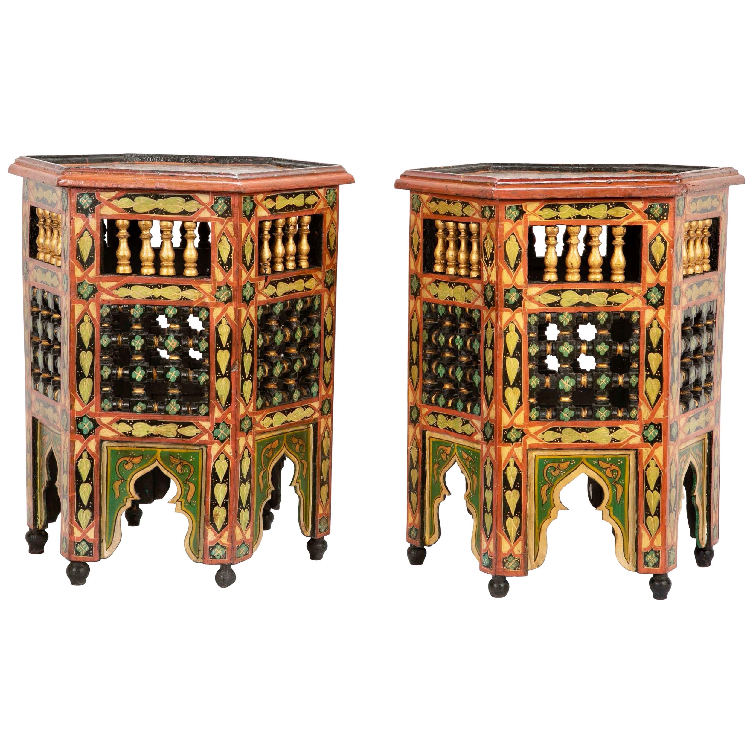 Pair of Moroccan Carved and Painted Side Tables
