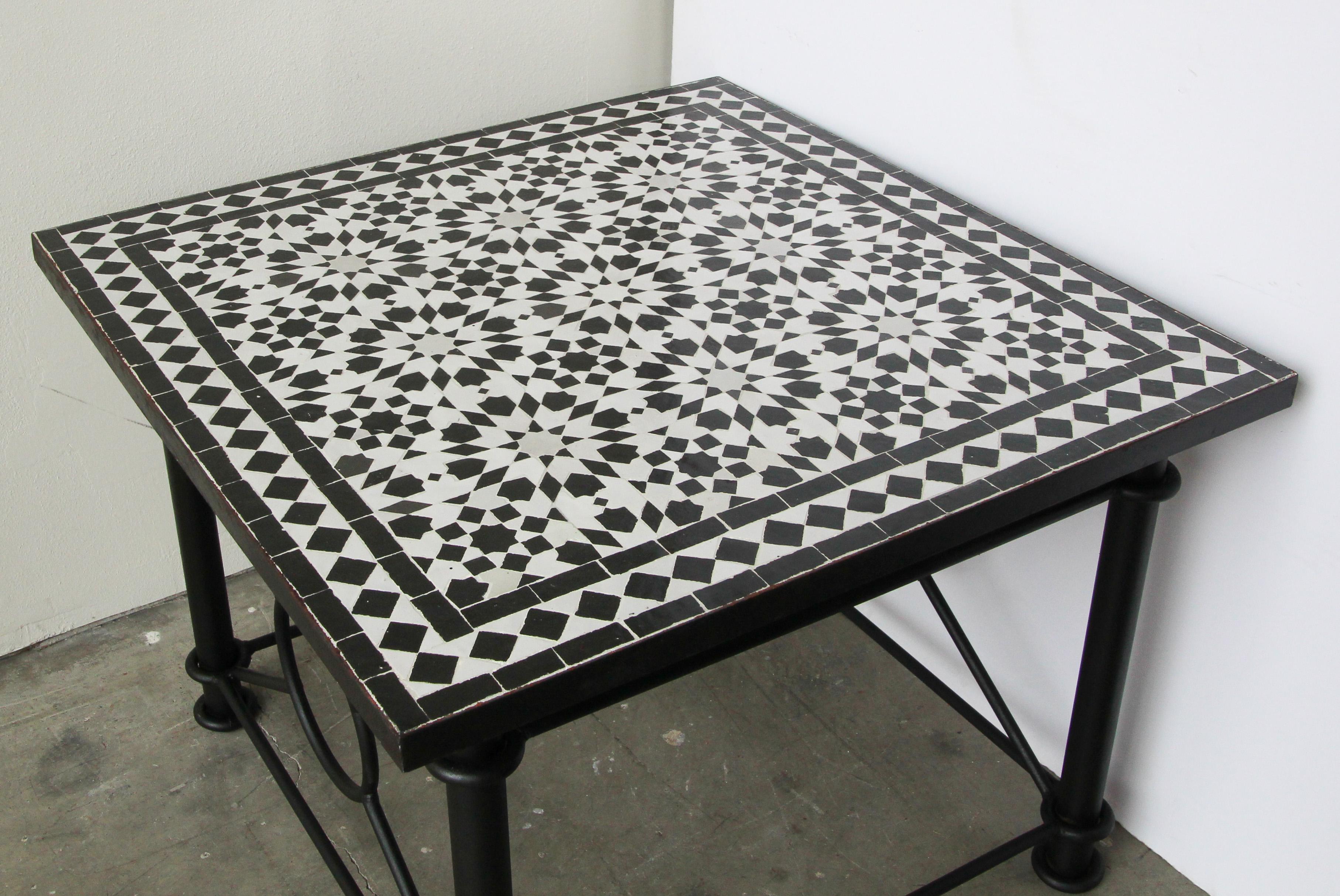 20th Century Moroccan Fez Mosaic Tile Coffee Table in Black and White For Sale