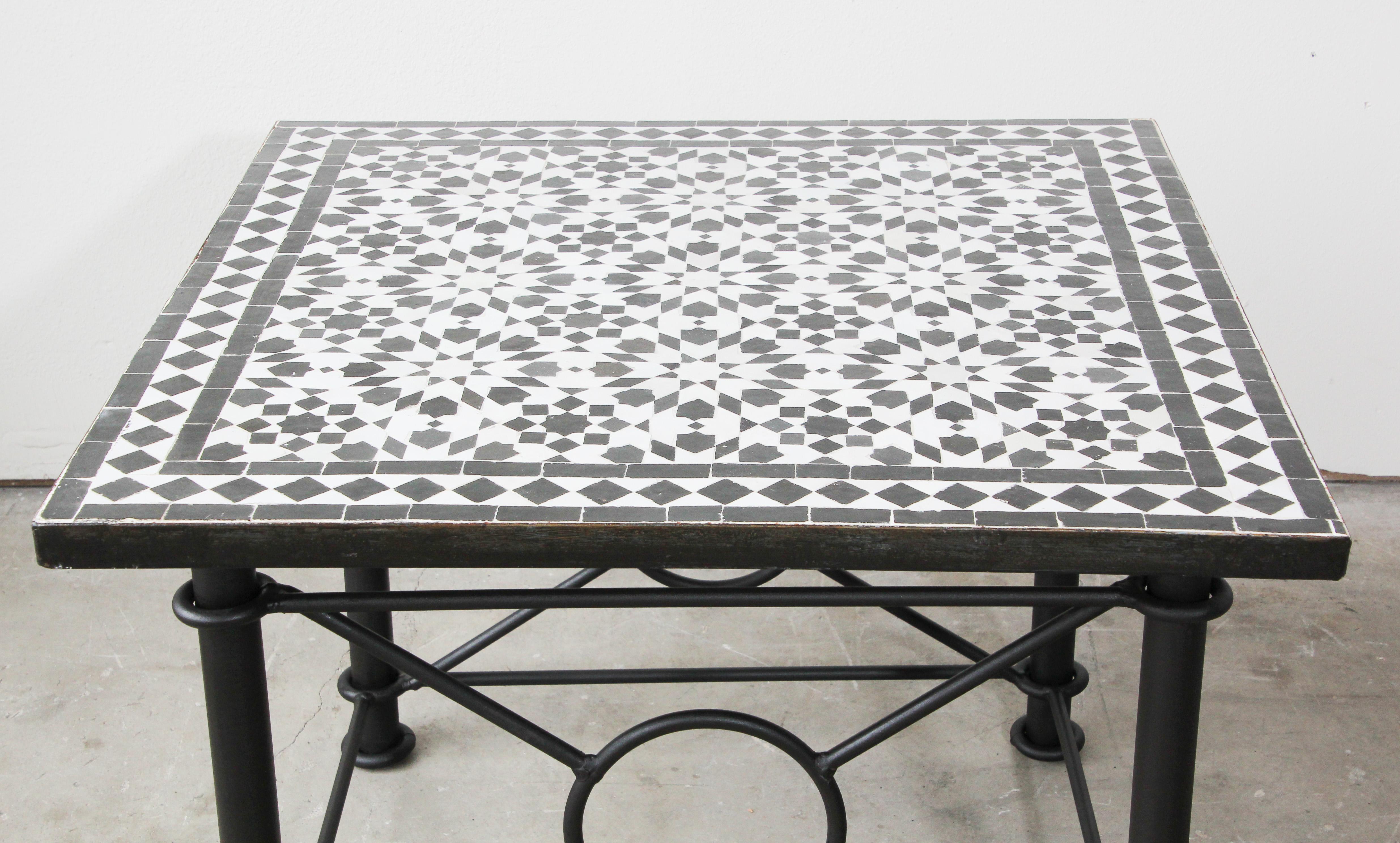 Ceramic Moroccan Fez Mosaic Tile Coffee Table in Black and White For Sale