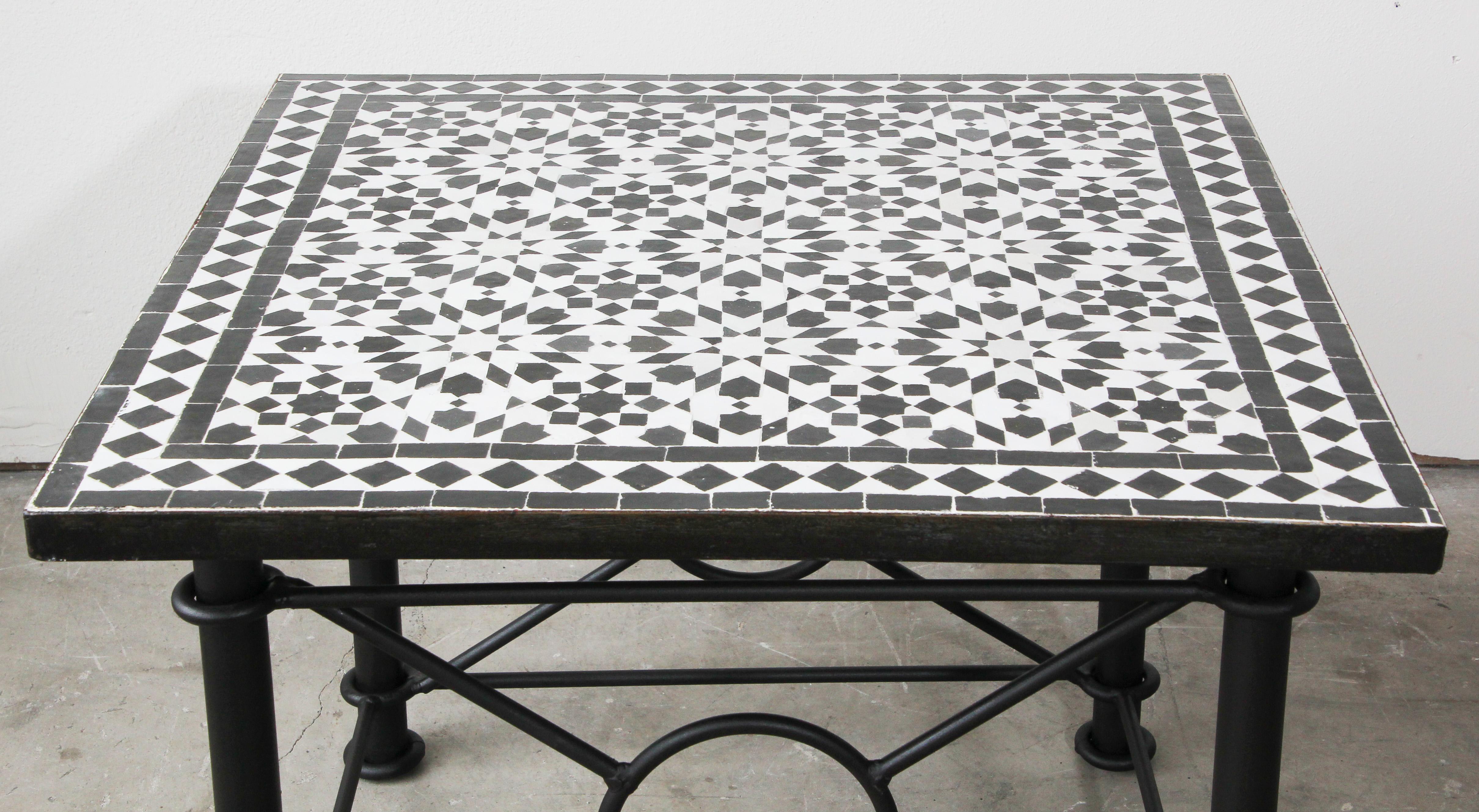 Moroccan Fez Mosaic Tile Coffee Table in Black and White For Sale 1