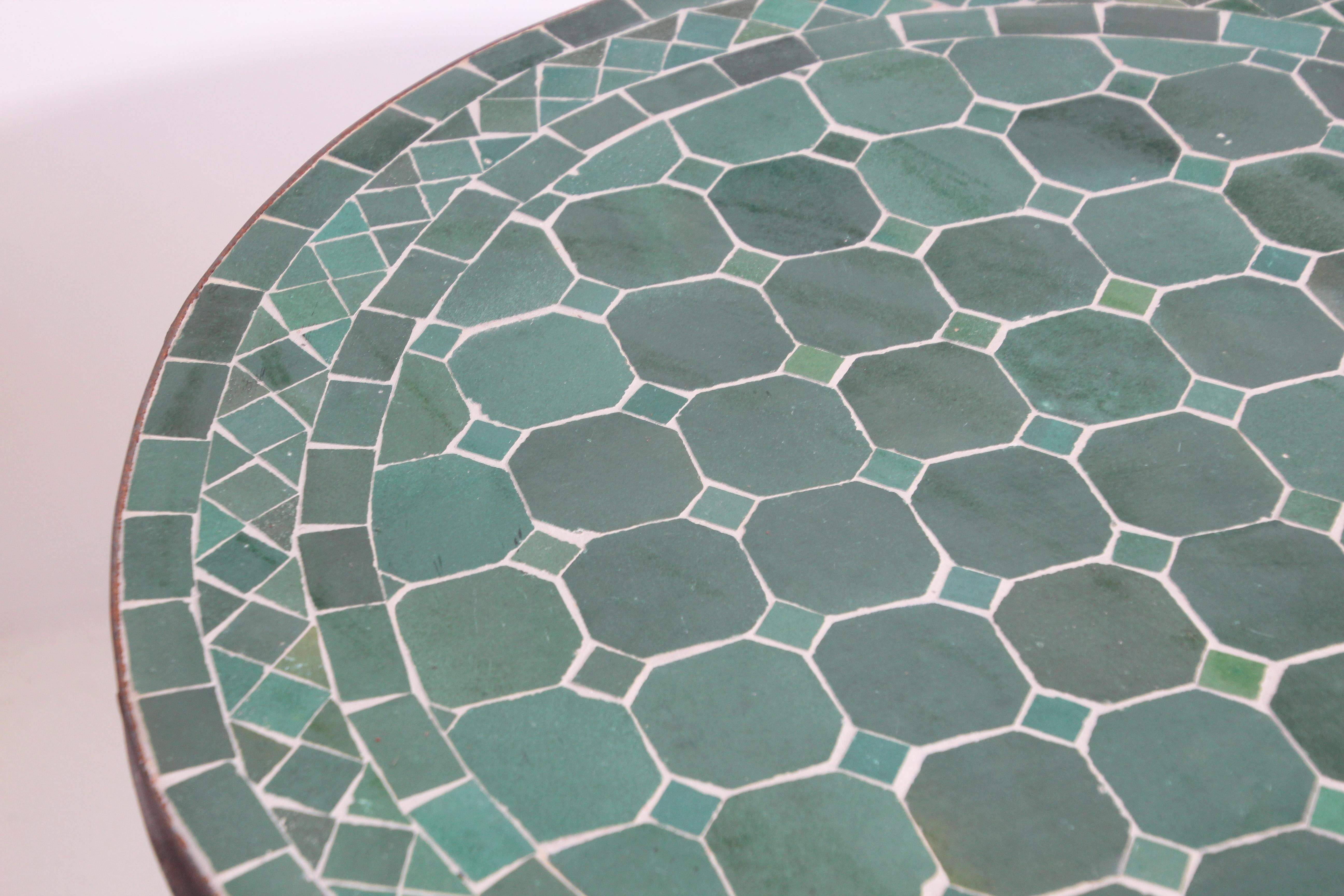 Pair of Moroccan Fez Mosaic Tile Side Tables in Emerald Green 4
