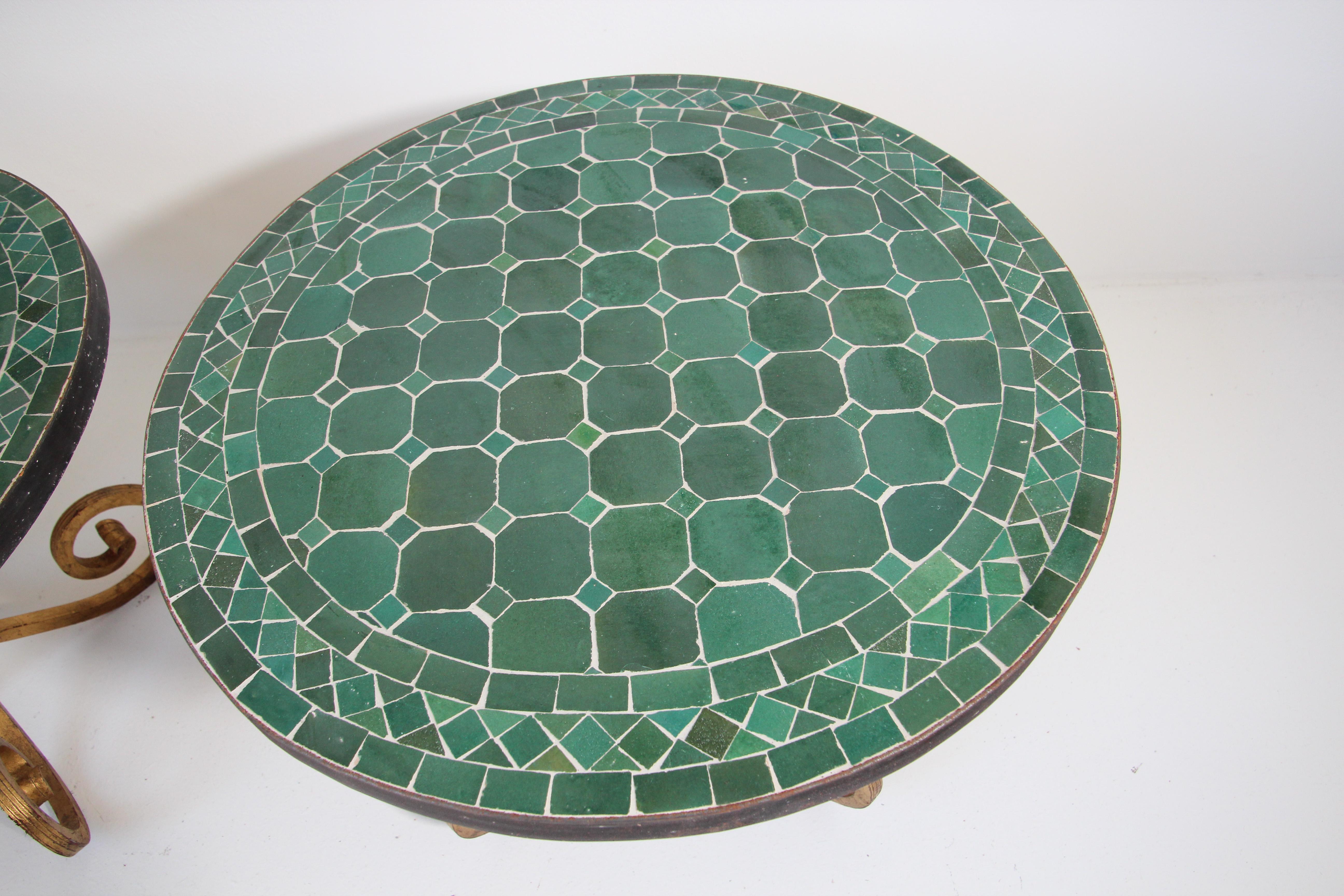 Pair of Moroccan Fez Mosaic Tile Side Tables in Emerald Green 8