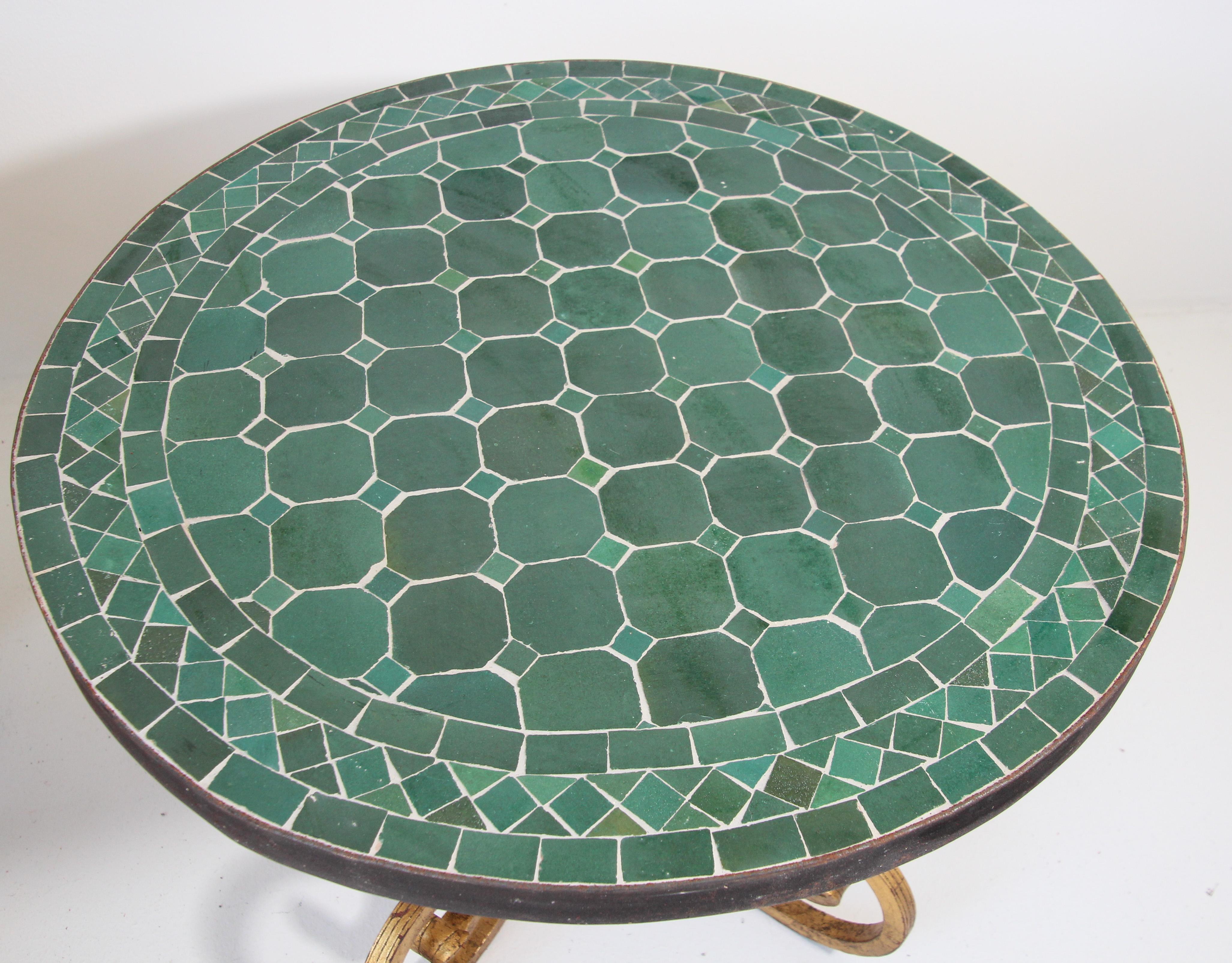 Ceramic Pair of Moroccan Fez Mosaic Tile Side Tables in Emerald Green