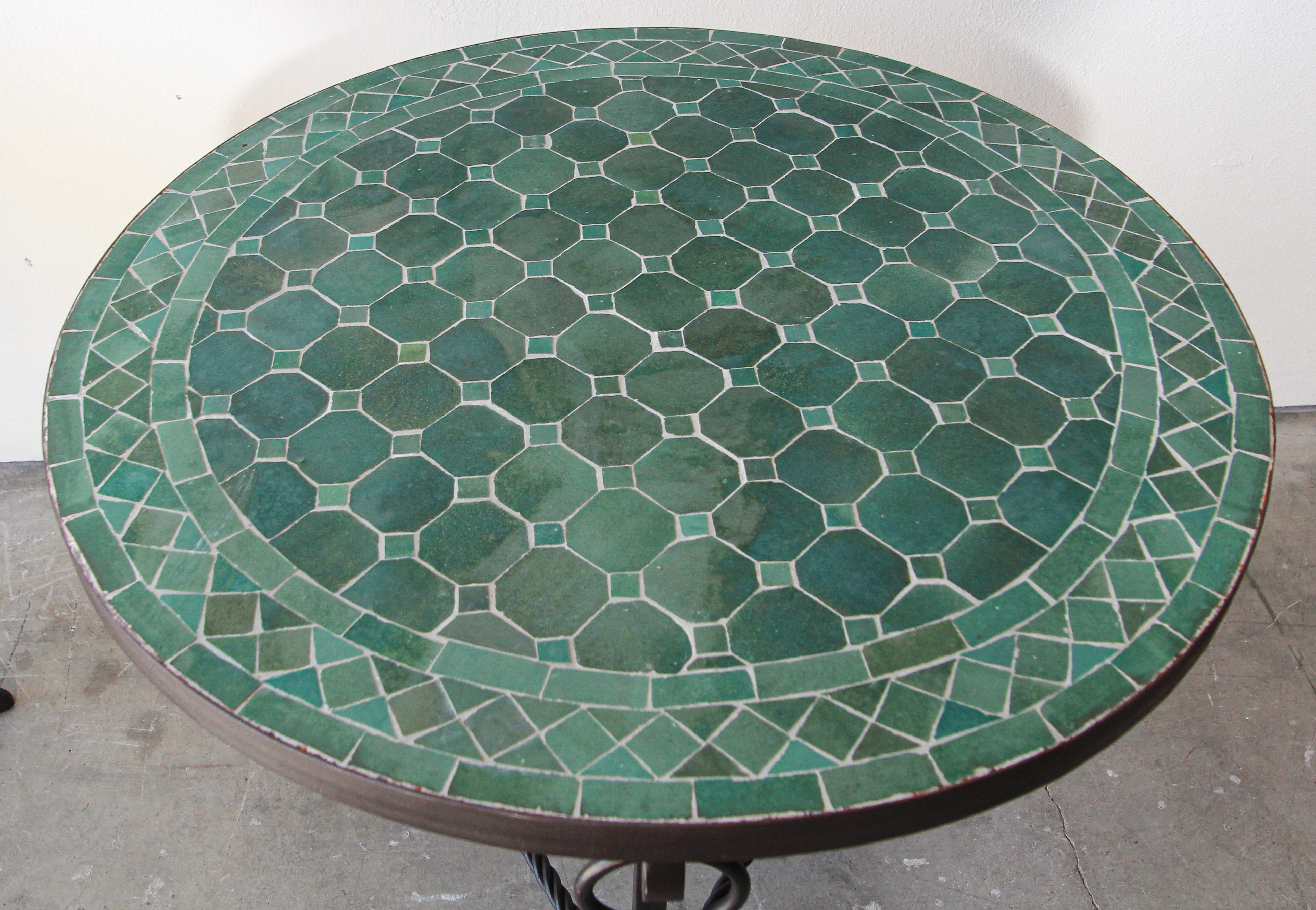 Pair of Moroccan Fez Mosaic Tile Tables in Emerald Green 4