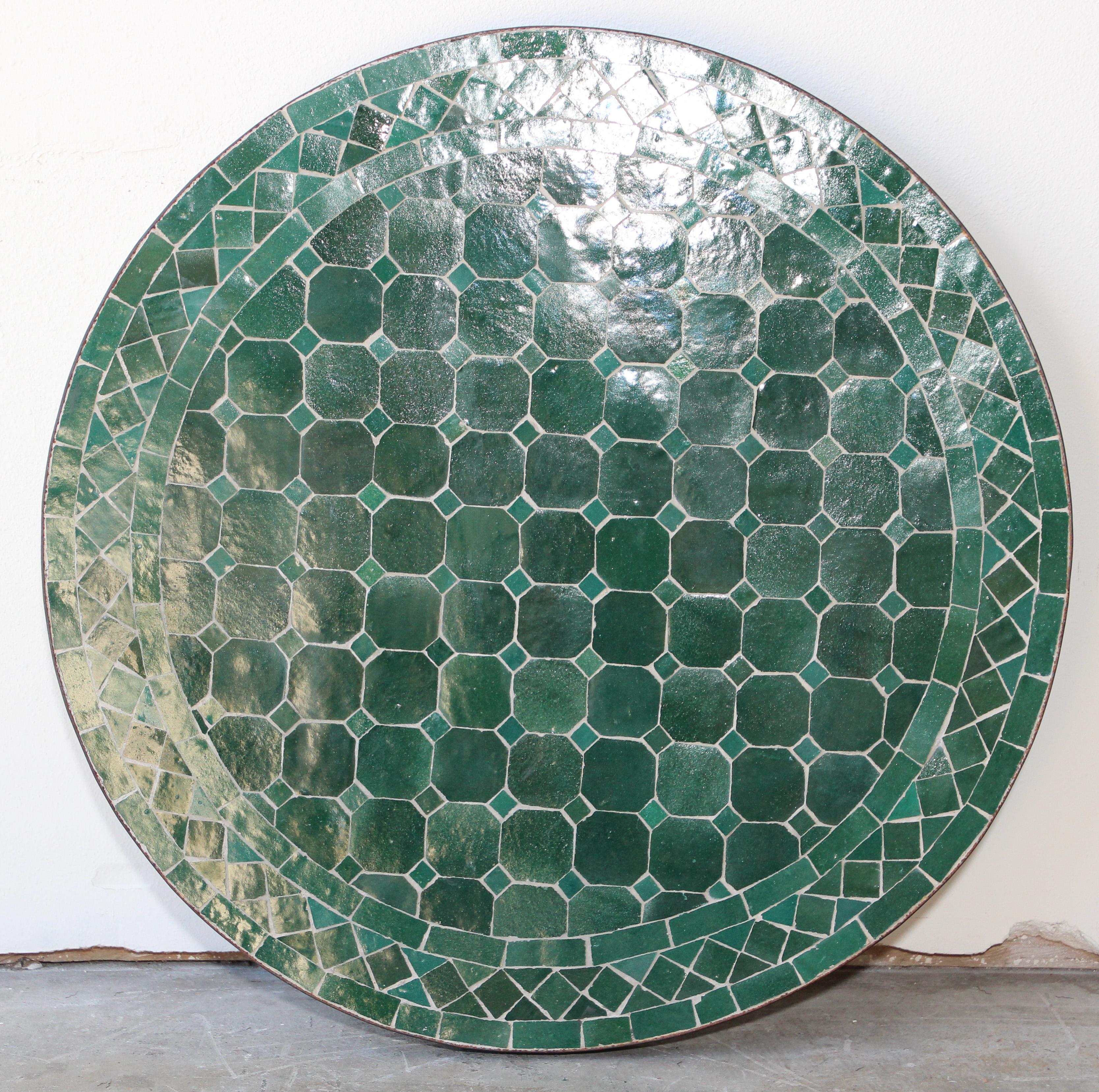 Moorish Pair of Moroccan Fez Mosaic Tile Tables in Emerald Green