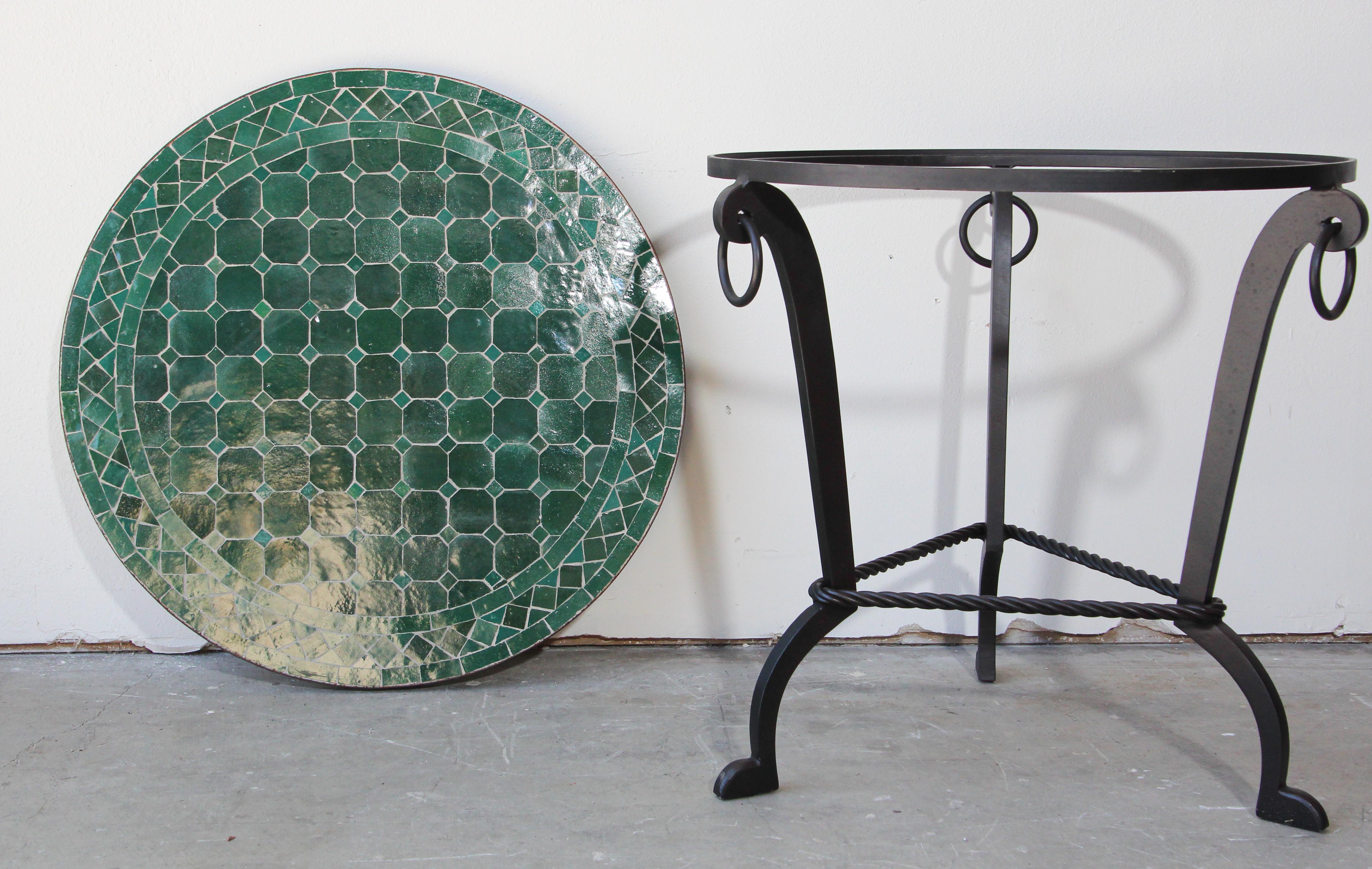 Pair of Moroccan Fez Mosaic Tile Tables in Emerald Green In Good Condition In North Hollywood, CA