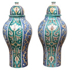 Pair of Moroccan Glazed Decorated Pottery Lidded Jars